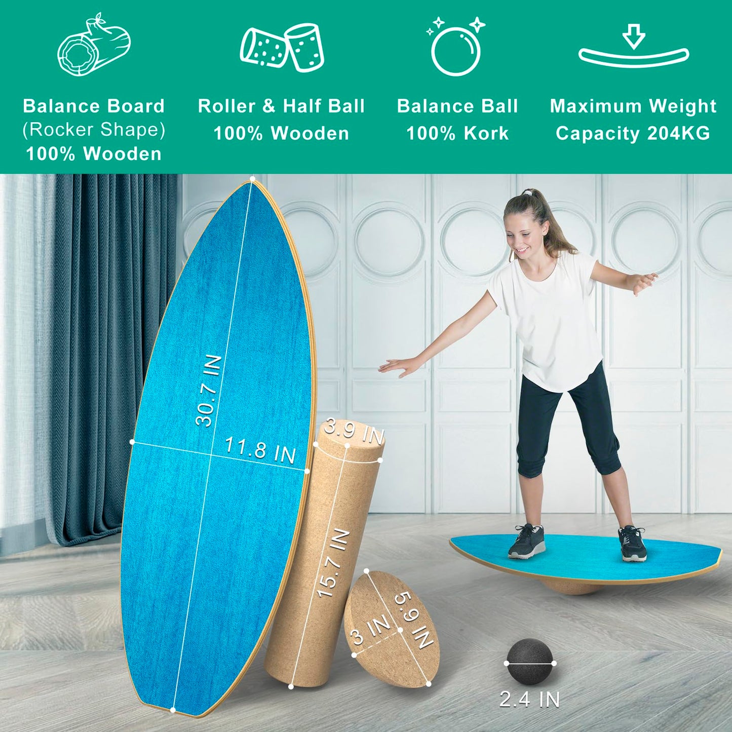 Healfith Balance Boards for Adults,Balance Trainer - Wooden Balance Board,Surface anti-slip treatment Including Roller,Half Ball And Balance Ball