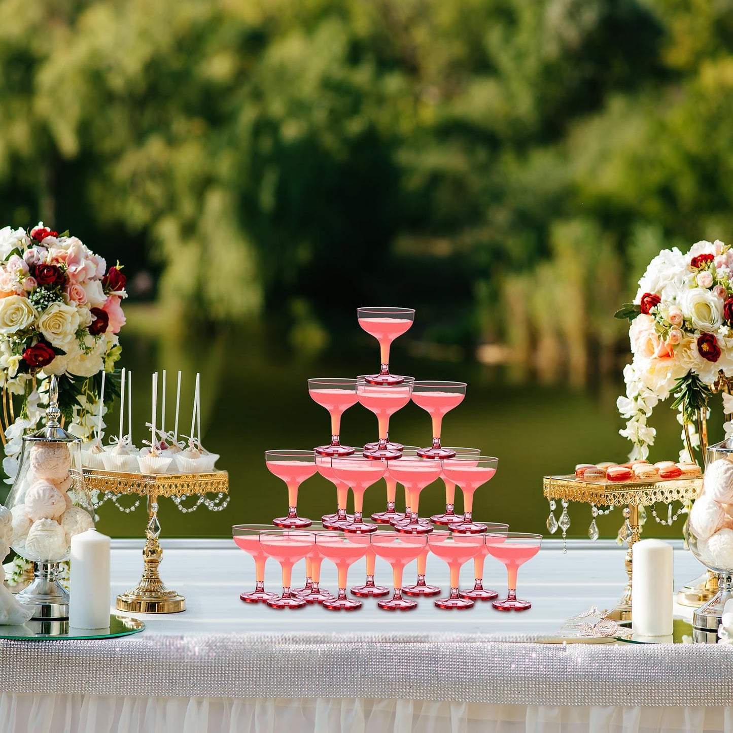 Zopeal 30 Pcs Plastic Champagne Tower Glasses - 5 oz Disposable Coupe Cocktail Cups for Graduation, Summer Pool Parties, Weddings, and Birthday Celebrations(Pink,Transparent)