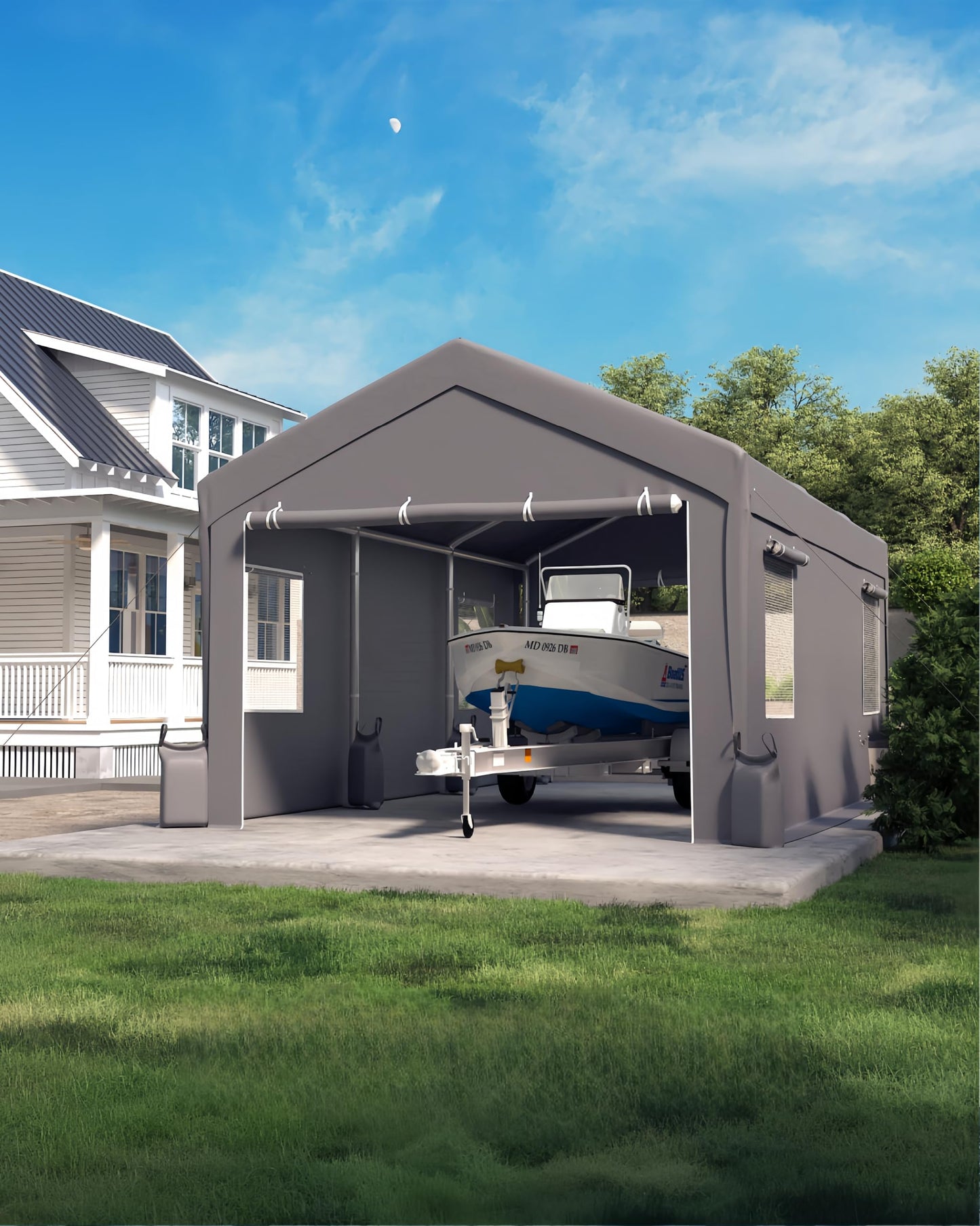 Hipicute 20x10x11 Ft Heavy-Duty Portable Garage with Canopy Top, Front and Back Doors, Roll-Up Windows, Carport Reinforced Structure for Cars, Trucks, Boats, and Parties - Gray