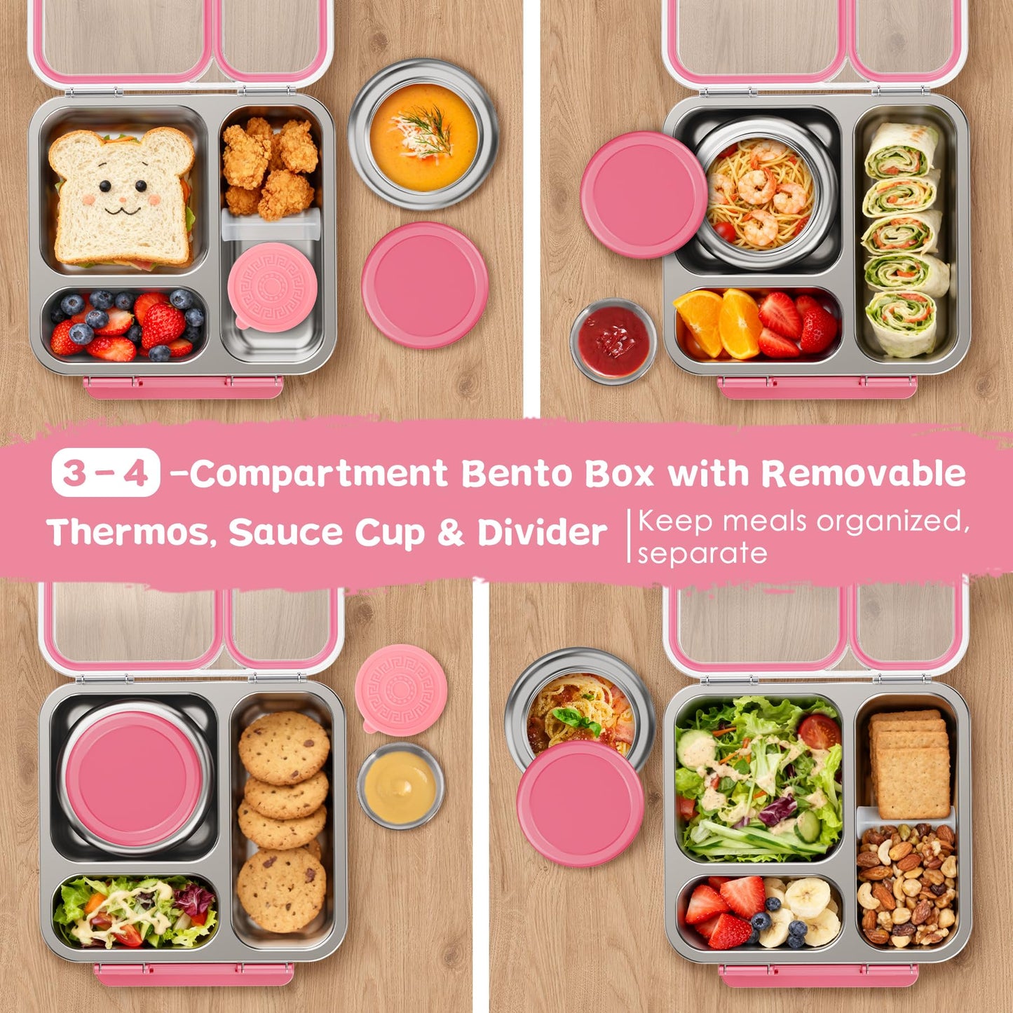Pawtong Stainless Steel Bento Box Kids Adult with 7oz Insulated Food Jar, Transparent Lid Metal Lunch Box With Soup Thermal Jar, Lunch Box Container with Removable Divider & Sauce Cup School (Pink)