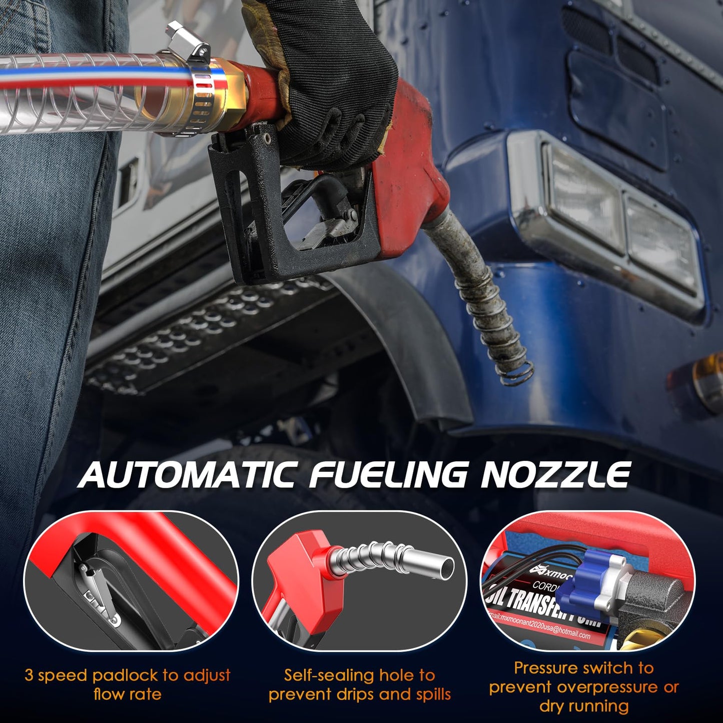 Mxmoonant Fuel Transfer Pump Kit, Battery Powered Diesel Transfer Pump 12GPM Portable Self Priming Pump with 2 Lithium Batteries, Auto Fuel Nozzle, Hose for Kerosene Boat Truck