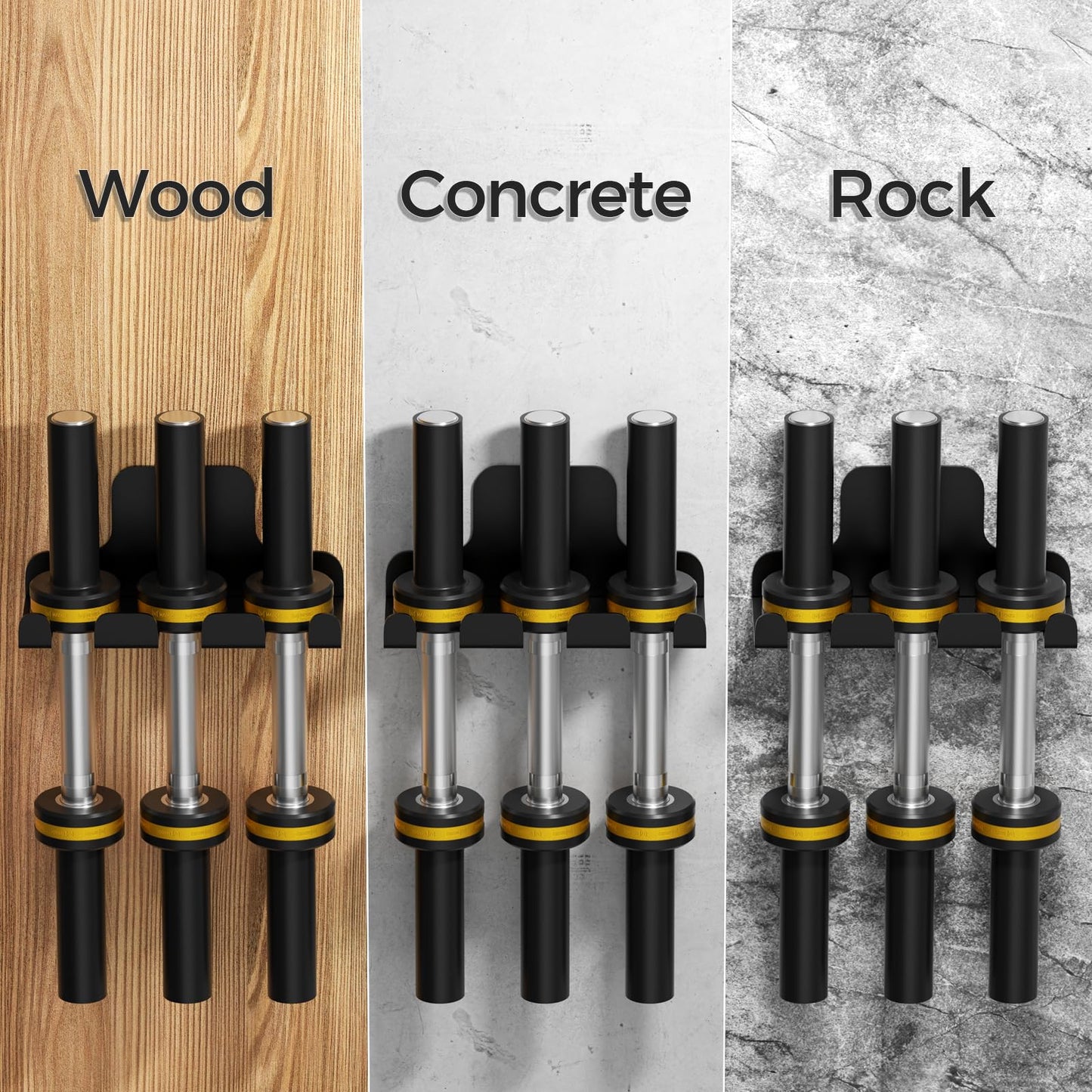 JNIHEEP Barbell Holder,Garage Gym Bar Wall Rack with 3 Bar Holders for Hanging Olympic Barbells, Curl Bars, Chains,Resistance Band,and ect,Holds Under 33mm Bar Size(Black)