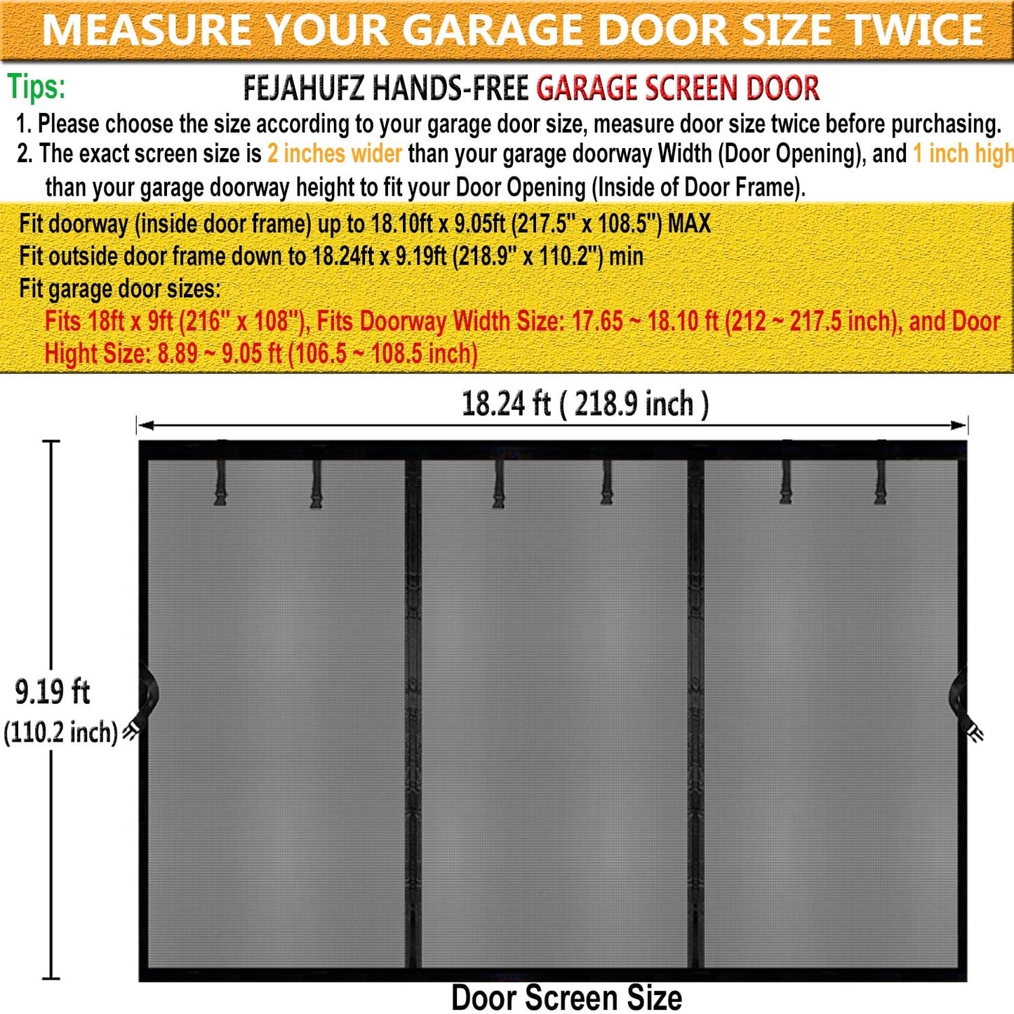 Magnetic Garage Door Screen 18x9ft for 2 Car Garage Retractable, Durable Heavy Duty Fiberglass Screen Mesh with Strong Magnets for Garage Door, Easy to Install (18x9ft Black)