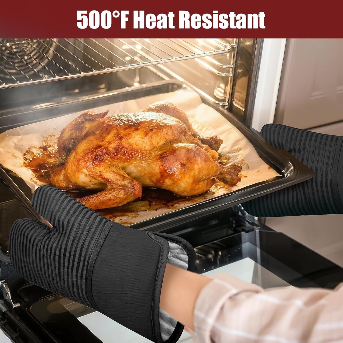 Skiennix Oven Mitts & Pot Holder Set - 500°F Heat Resistant Silicone Grip | 6 Pack Cotton Dish Towels - Black Kitchen Essentials