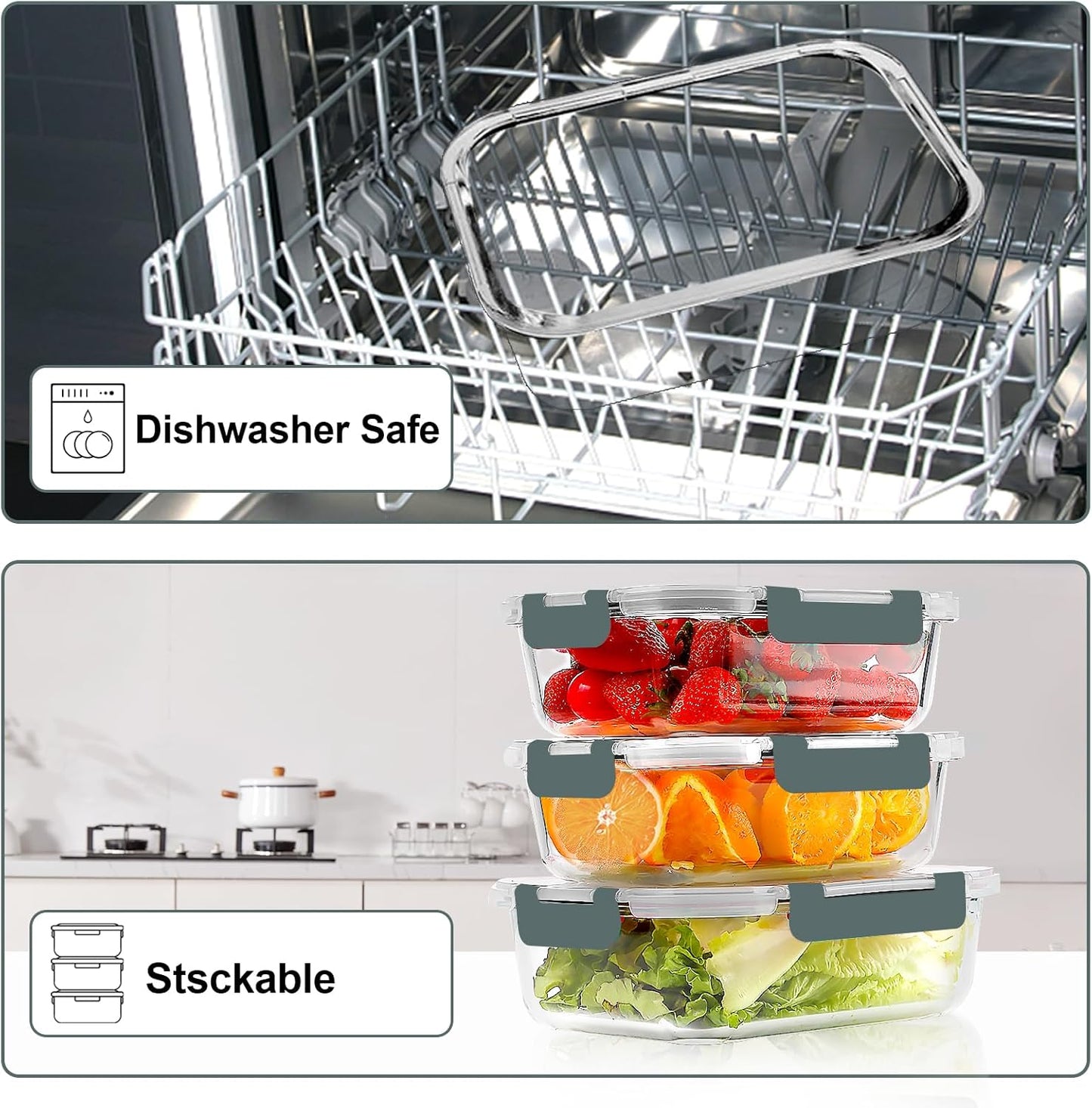 VERONES Glass Meal Prep Containers - 10 Pack Airtight Storage Set with Lids | BPA-Free, Stackable, Microwave & Oven Safe, Grey