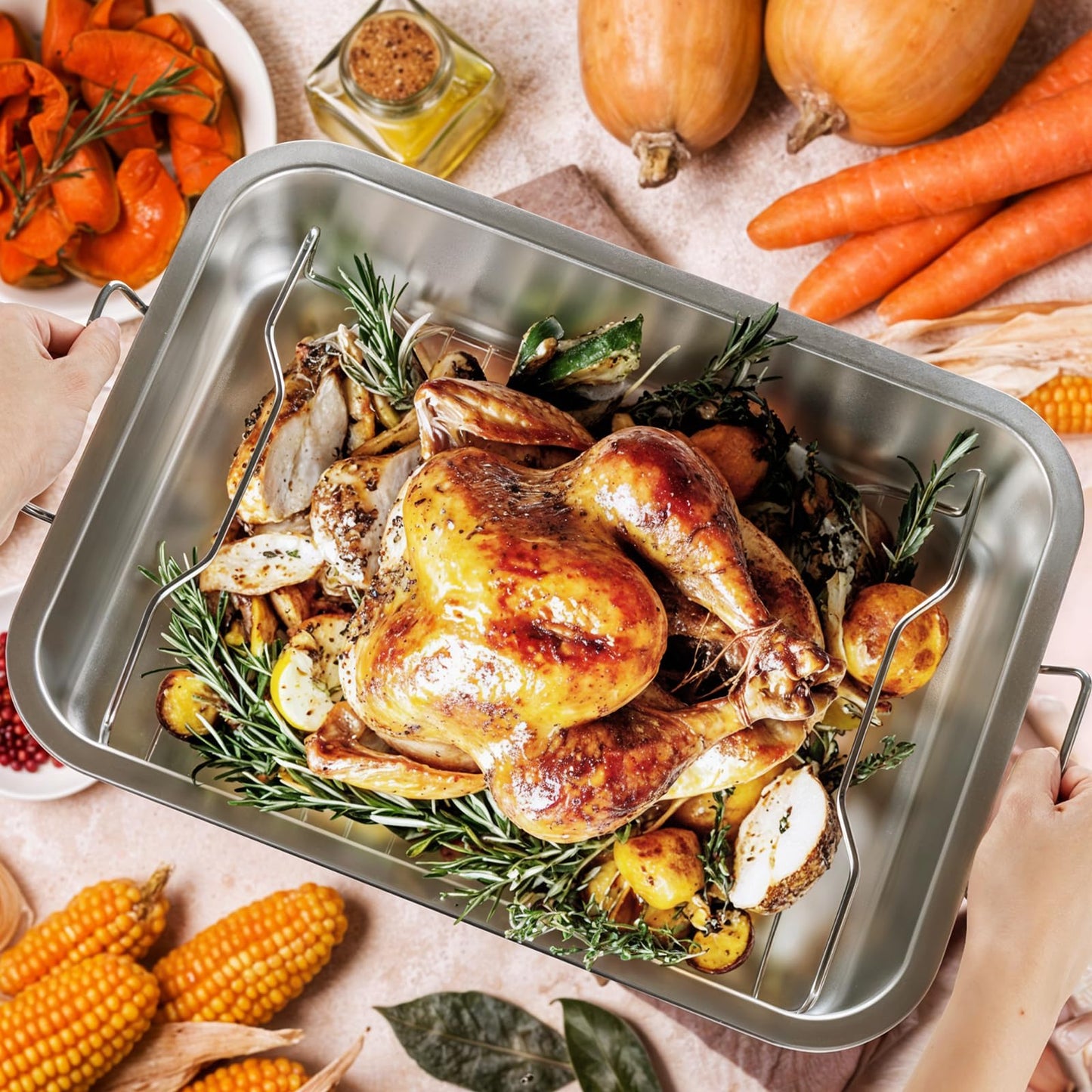 Tifanso Stainless Steel Roasting Pan - Heavy Duty Turkey Roasting Baking Broiler Oven Pan with Rack and Handle for Oven, High Sided Easy to Clean Induction Roast Tray for Chicken, Vegetable, Lasagna