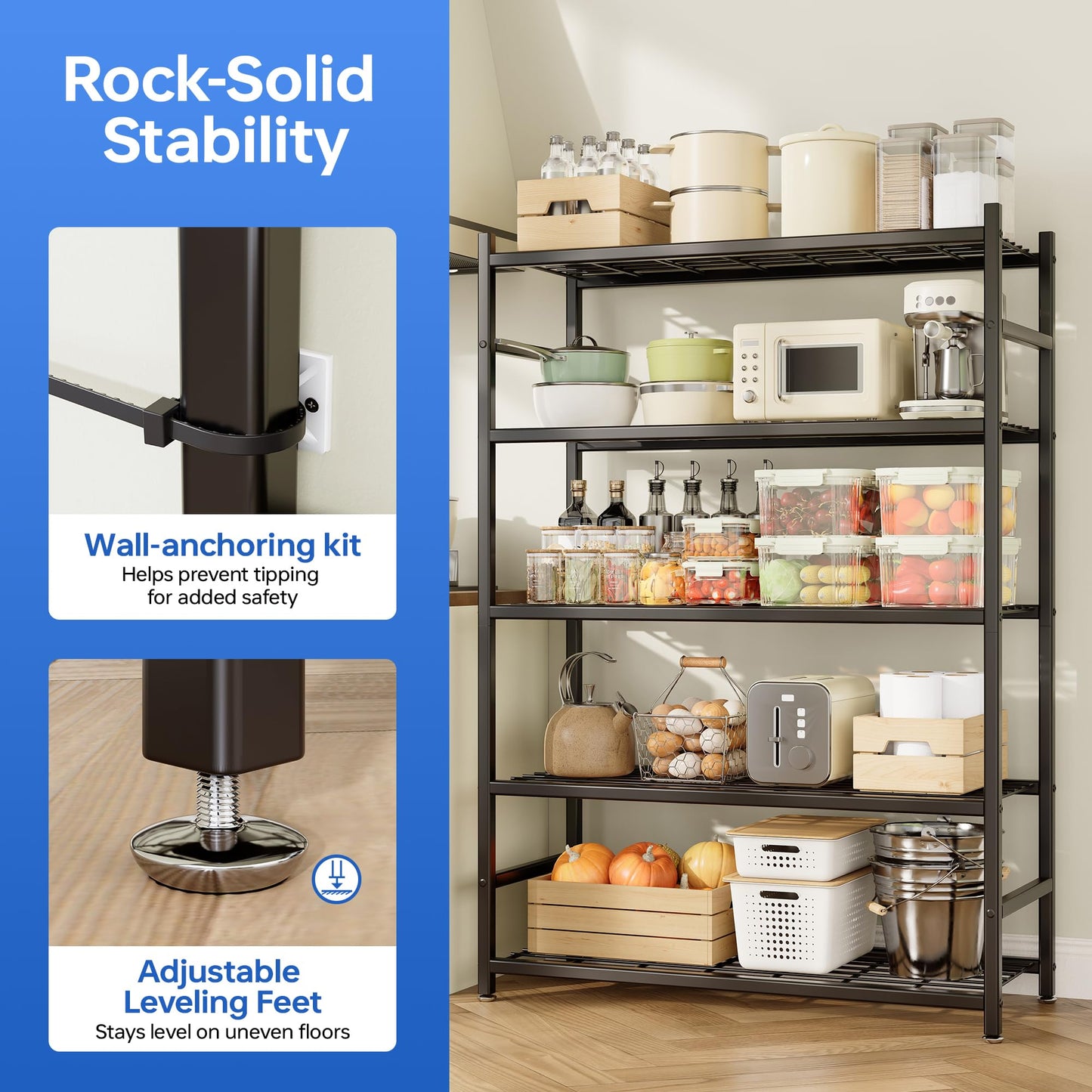 Tujurich 36.4" W Storage Shelves, 5-Tier Metal Shelving Unit with Adjustable Feet, Shelf Organizer for Garage, Kitchen, Pantry and Closet Organization, 36.4" x 11.8" x 68.3", Black