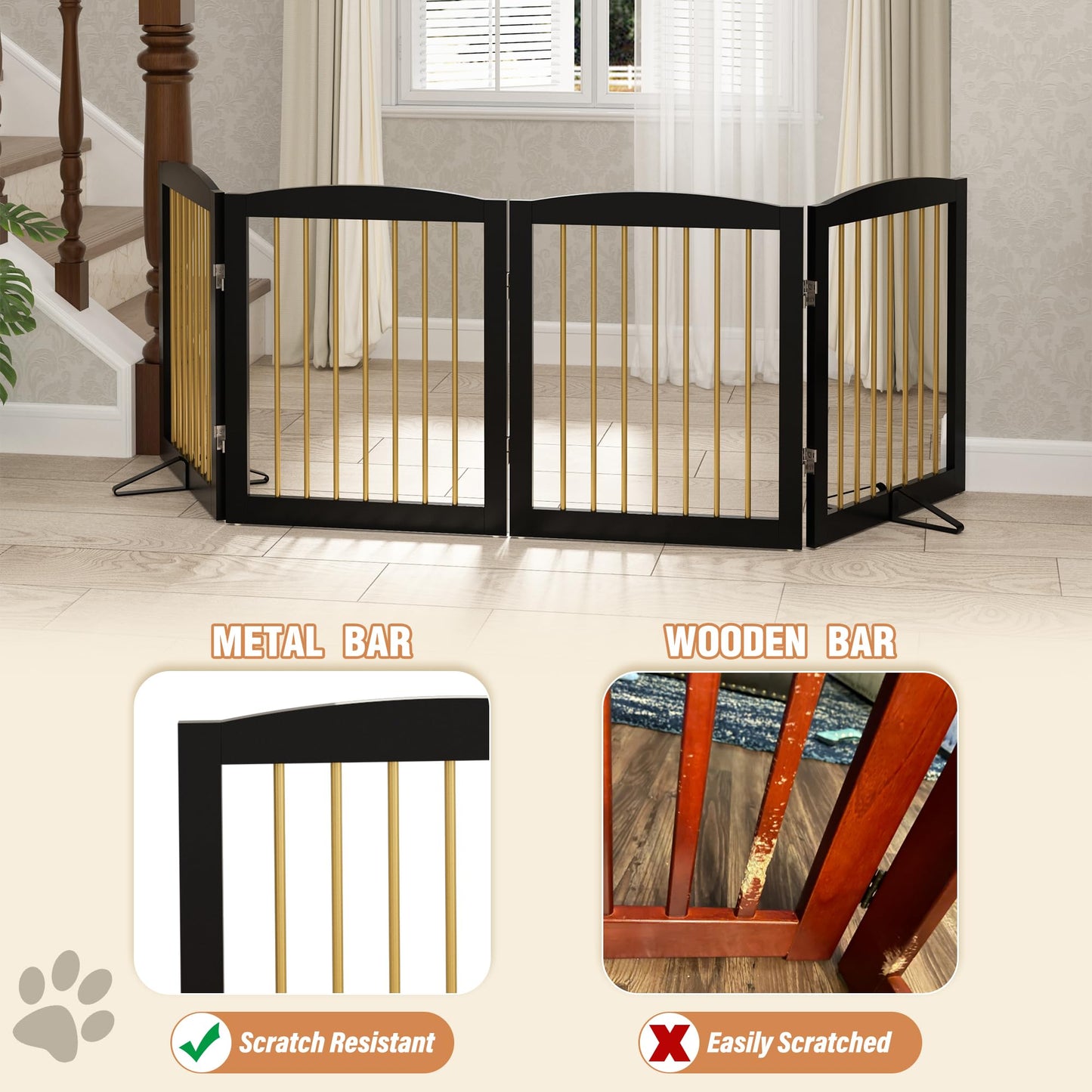 PUPETPO Freestanding Pet Gate for Dogs, Foldable Wooden Dog Gate for House, Indoor Dog Gate for Stairs, Doorways, Step Over Pet Puppy Safety Fence, 80 Inch Wide, 4 Panels 24", Black & Gold