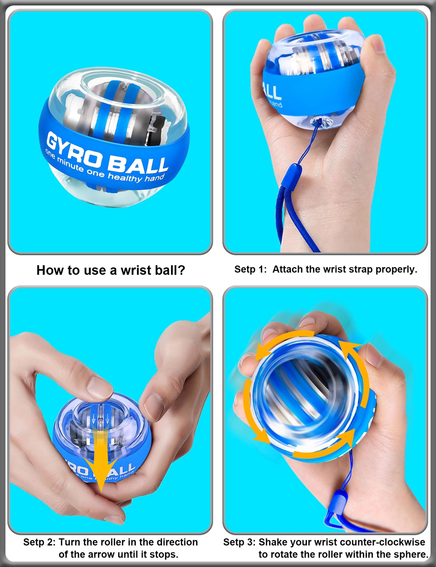 Gyro Wrist Ball with Auto-Start & Color-Changing LED Lights, Wrist Forearm Workout Strengthener, Hand, Finger and Arm Strength Training and Flexibility, Includes wrap-around wristband (Blue)