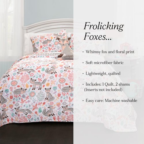 Lush Decor Pixie Fox Reversible Quilt Set, 3 Piece Set, Twin, Gray & Pink - Fun Lightweight Twin Bedding for Kids - Girls Pink Bedroom Decor