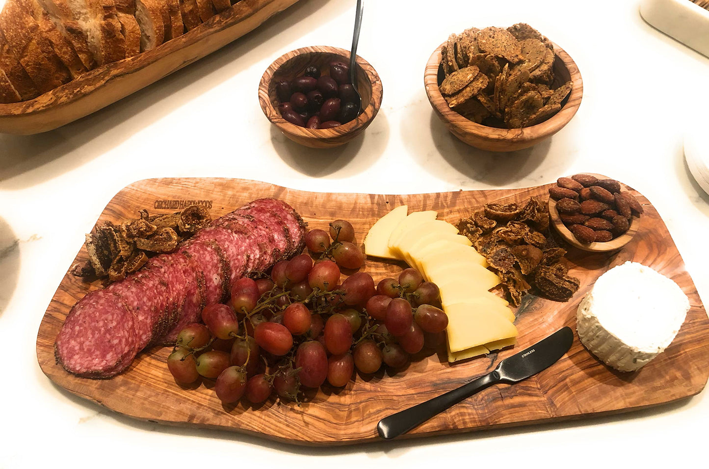 24" Rustic Handmade Bark Edge Olive Wood Charcuterie Board Extra Large by Orchard Hardwoods- Cutting, Chopping, Serving- Wooden Slab, Unique Gift, In Sm 12", Med 16", Lg 20", XL 24"(XL 24x7-10x0.8)