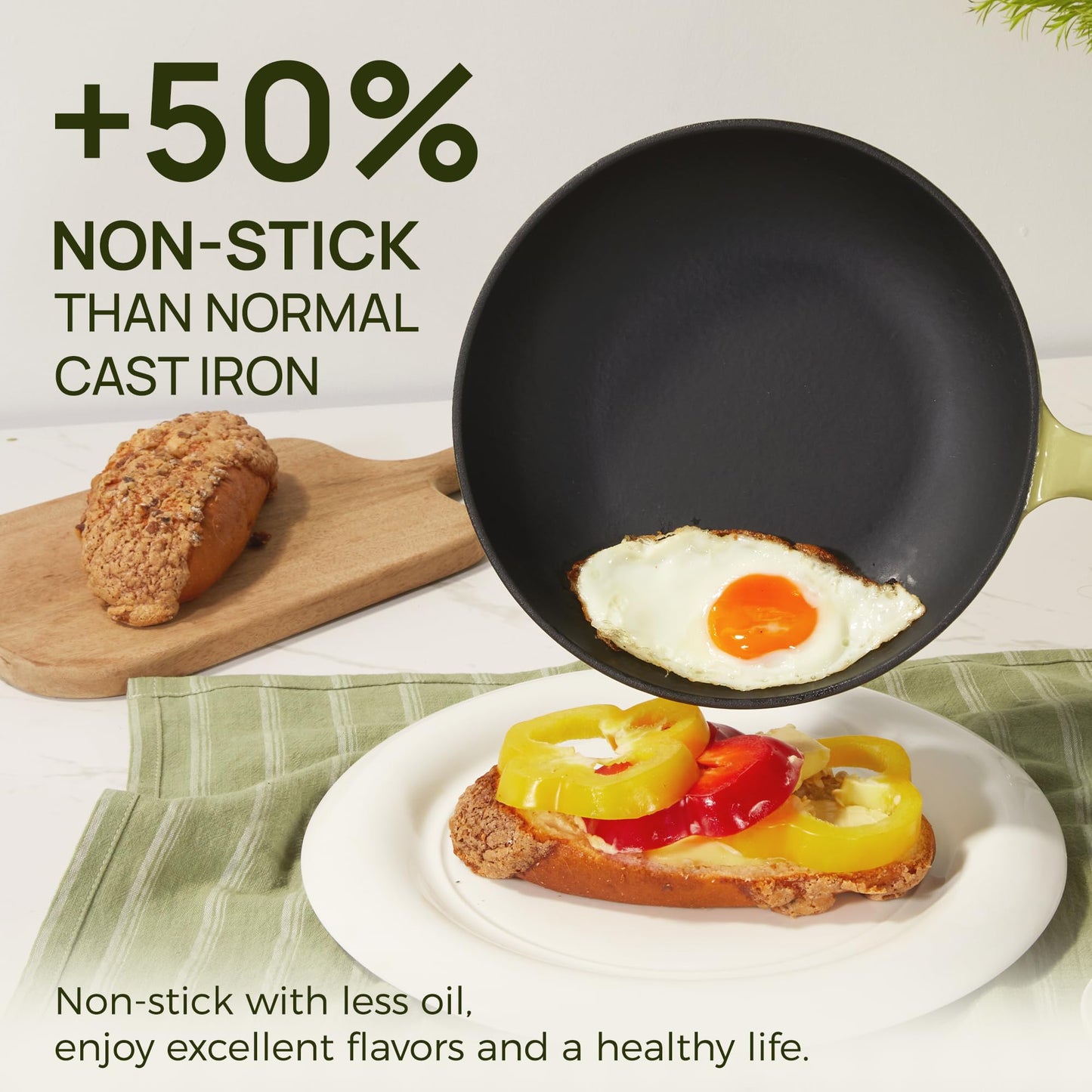 KOKHUB Non Toxic Frying Pan Set 3 Piece, 8" 9.5" 11" Non Stick Titanium Enamel Cast Iron Skillets, PFOA/PFAS Free Cooking Pans, Dishwasher & Oven Safe, All Cooktops Compatible, Sage Green