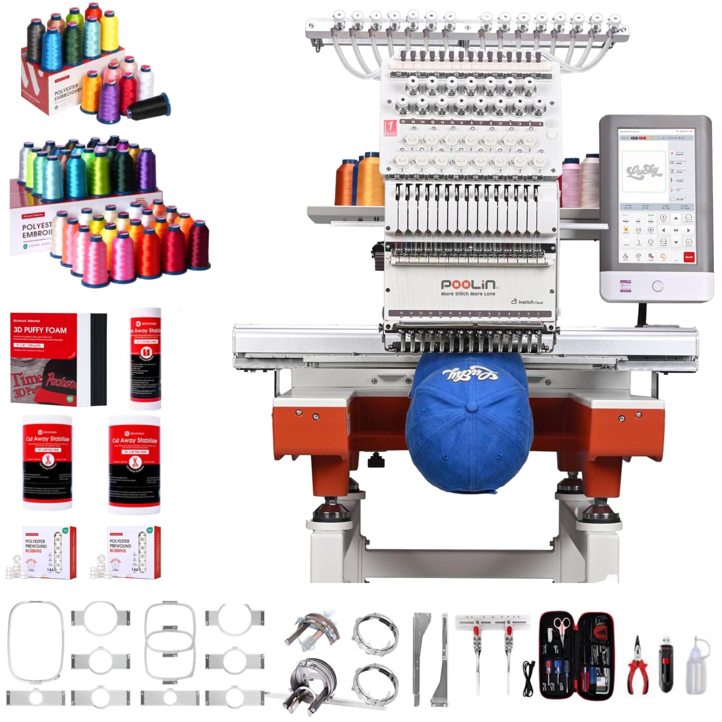 Poolin EOX 15 needle Embroidery for Mid Business,20"x14" Large Area for Jackets,Caps & 3D Puff,Shoes,1200 SPM,10" Touchscreen,WiFi &USB,Auto Color Change & Trim,Built for Continuous Produc