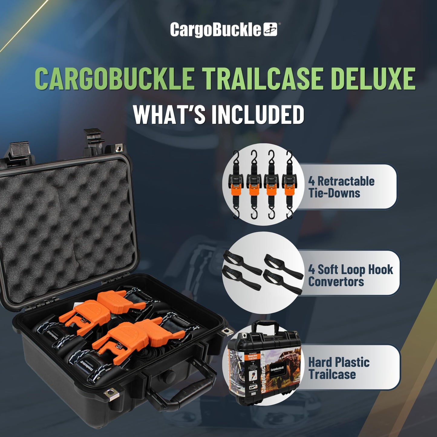 CargoBuckle Trailcase Deluxe Retractable Ratchet Straps, Tie-Down Ratcheting System: Includes 4 Straps, 4 Soft Loop Hook Converters & Weatherproof Case, for Loads Up to 5,600 lbs (1-Inch)