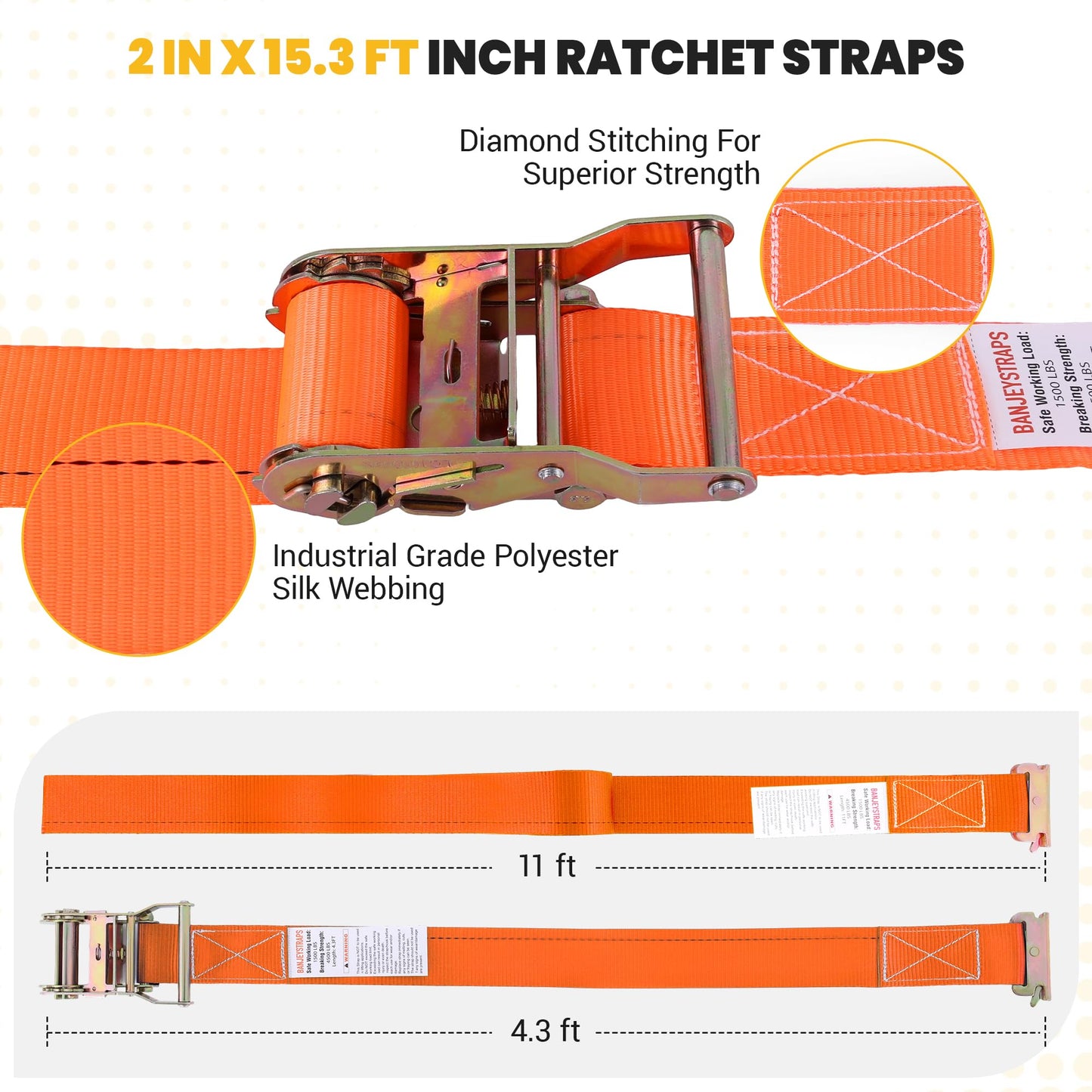 2" x 15 FT E-Track Ratchet Straps (10-Pack) - High Visibility Safety Tie Downs with E-Track Fittings, 4500 lbs Break Strength for Night Work & Enhanced Cargo Security in Trailers & Trucks-Orange