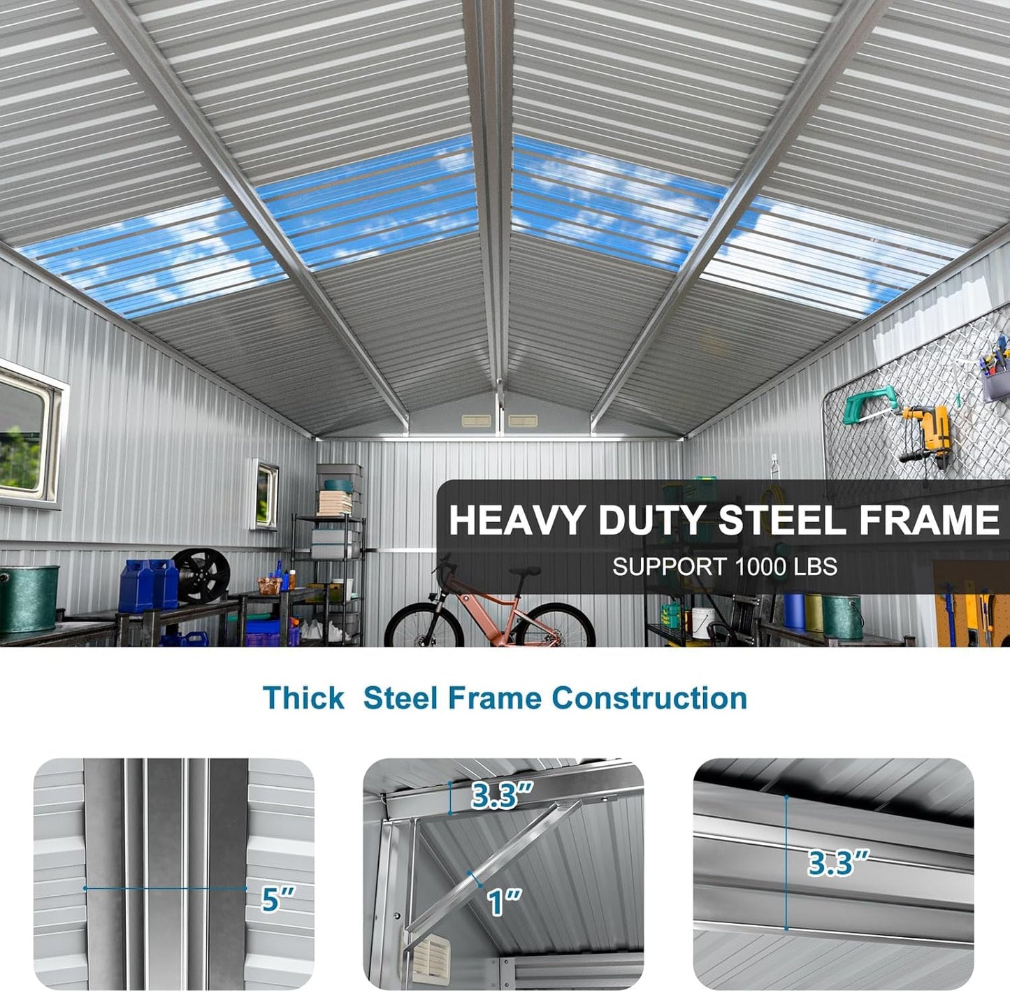 WELYAS 10x10 FT Metal Outdoor Storage Shed with Unique Floor Base Clear Roof Window Lockable Double Door Vent Heavy Duty Reinforced Frame Waterproof Sheds for Garden Large Lawnmower Tool,Dark Grey