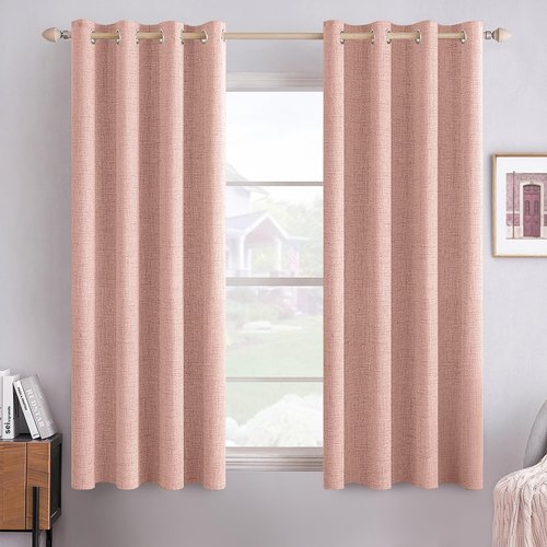 MIULEE Blackout Linen Curtains - 100% Thermal Insulated Blush Pink Drapes | 52 x 63 Inch (2 Panels)