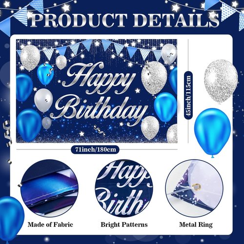 Happy Birthday Banner | Blue & Silver Party Decorations for Men, Women, Boys & Girls