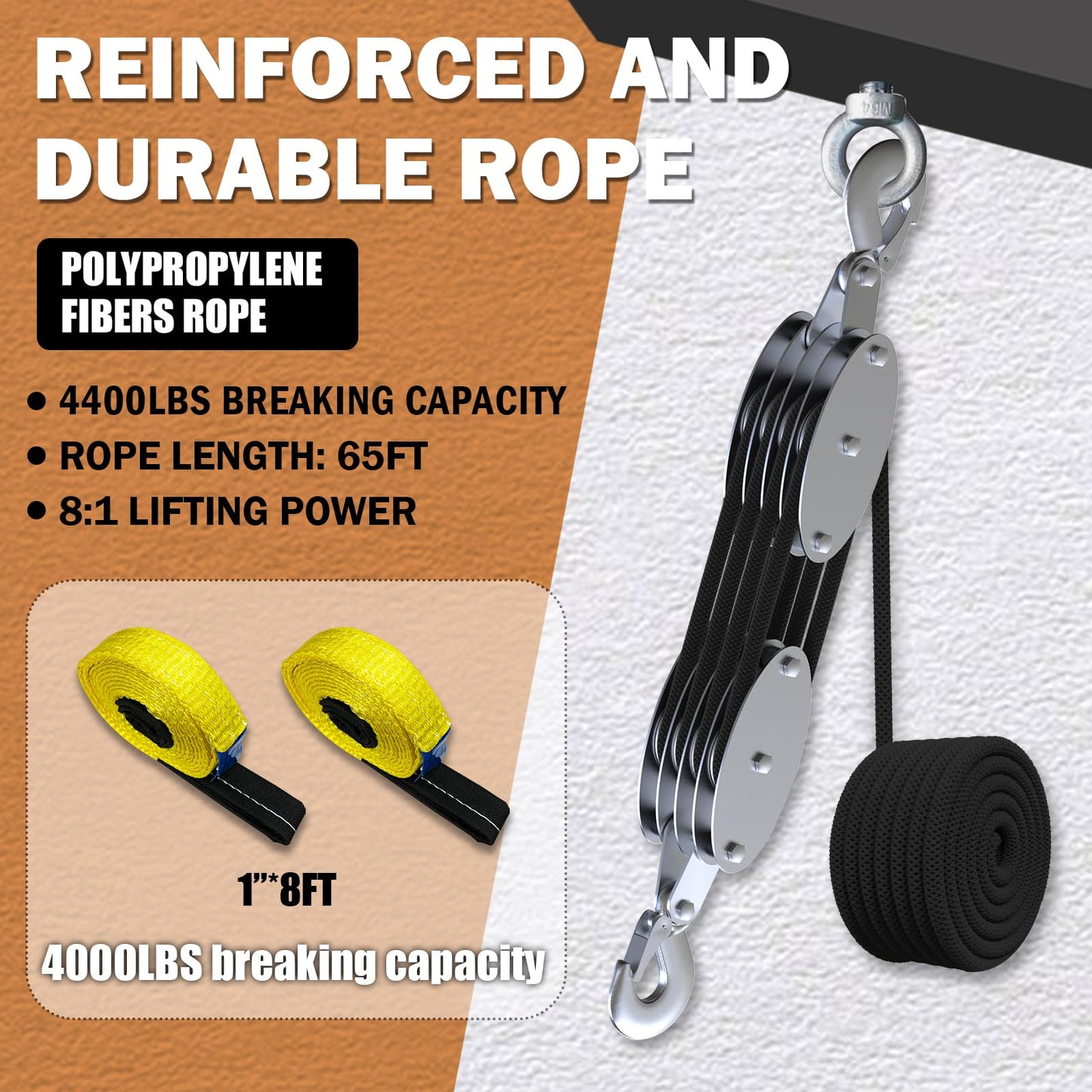 YATOINTO Rope Hoist Pulley System with Metal Bearing, 4400LB Pulley Block and Tackle, 8:1 Lifting Power 65ft, Heavy Duty Pulley Block for Hunting Lifting Garage Warehouses Building (with 2PCs Straps)
