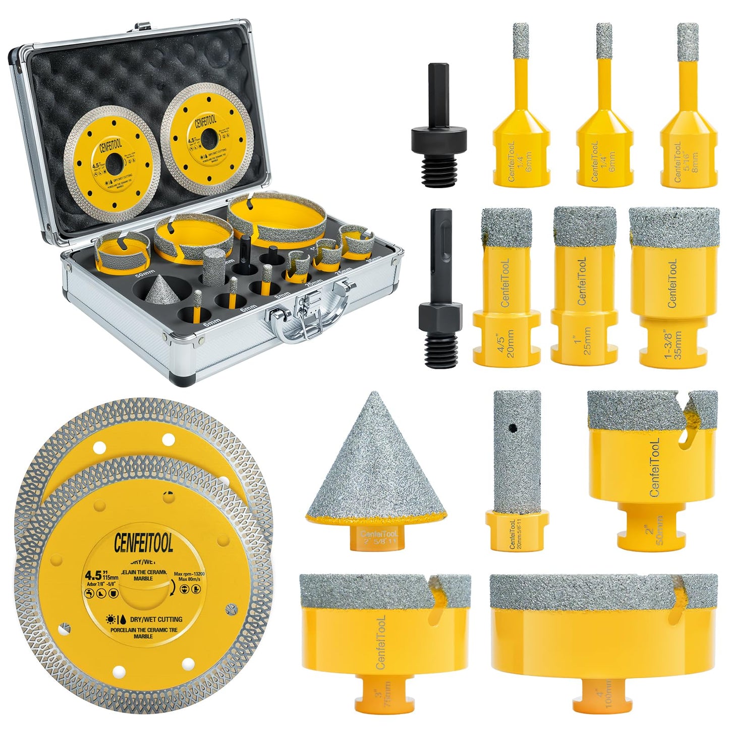 Upgrade 15PCS Diamond Tile Hole Saw Kit: Tile Drill Bits 5/8-11 6/6/8/20/25/35/50/75/100mm, Finger Bit/Chamfer Bit/Cutting Disc/SDS Adapter, Diamond Core Drill Bits Set, Ceramic Tile Porcelain Granite