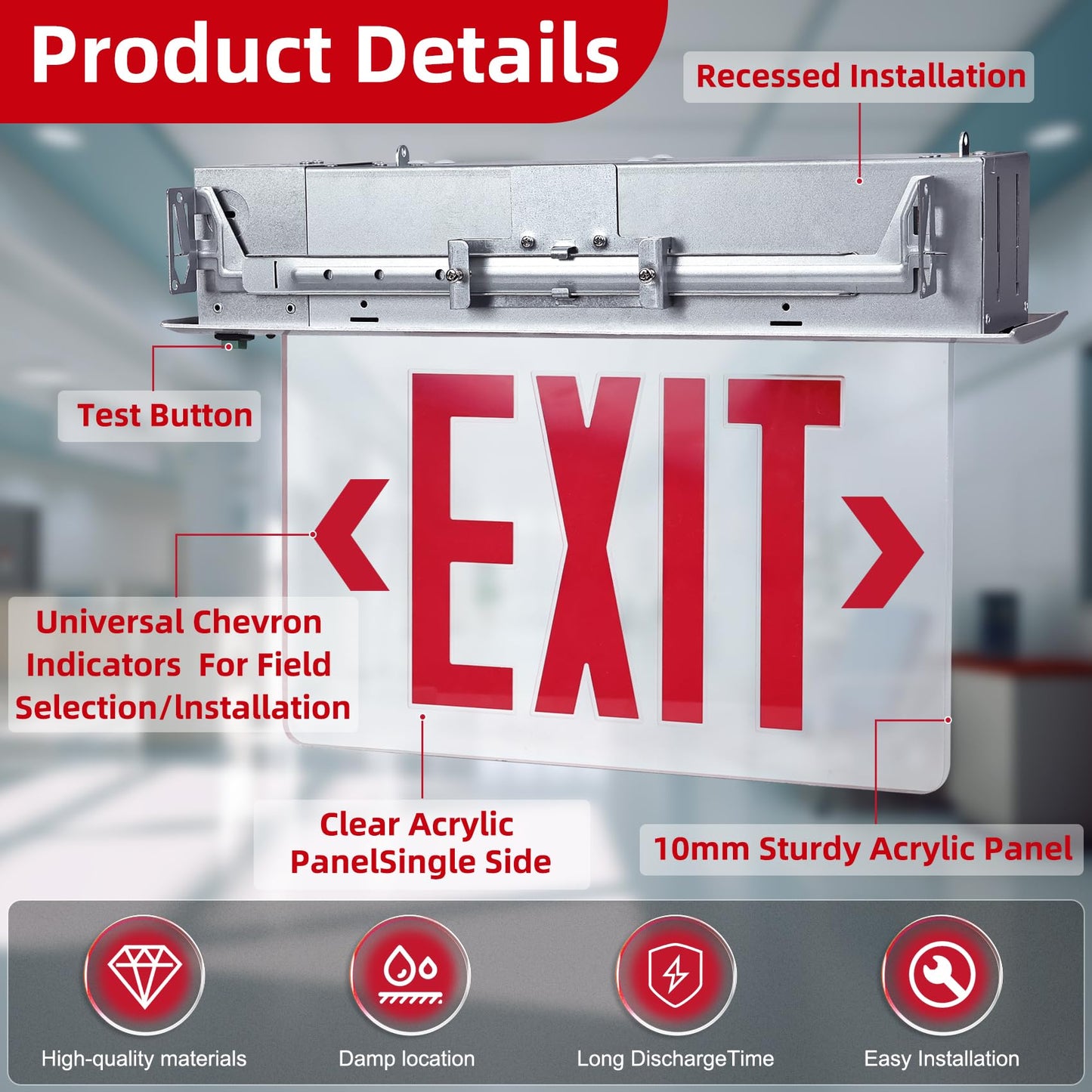 LED Exit Sign LED Edge-Lit Exit Sign Emergency Light, 120-347V, Recessed Mount Emergency Light, Aluminum Housing, Single Face Acrylic Panel, Red Letters, with Battery Backup