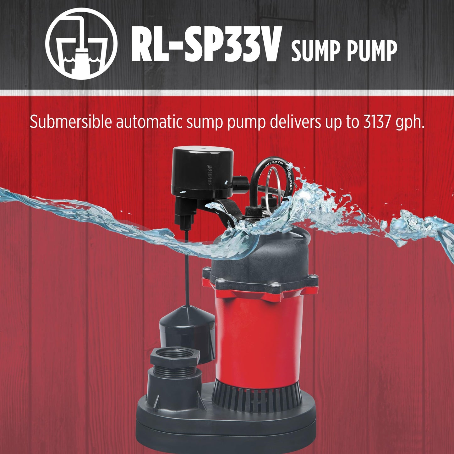 Red Lion RL-SP33V 115-Volt, 1/3 HP, 3200 GPH Aluminum and Thermoplastic Sump Pump with Vertical Switch and 8-Ft. Cord, Red, 14942741