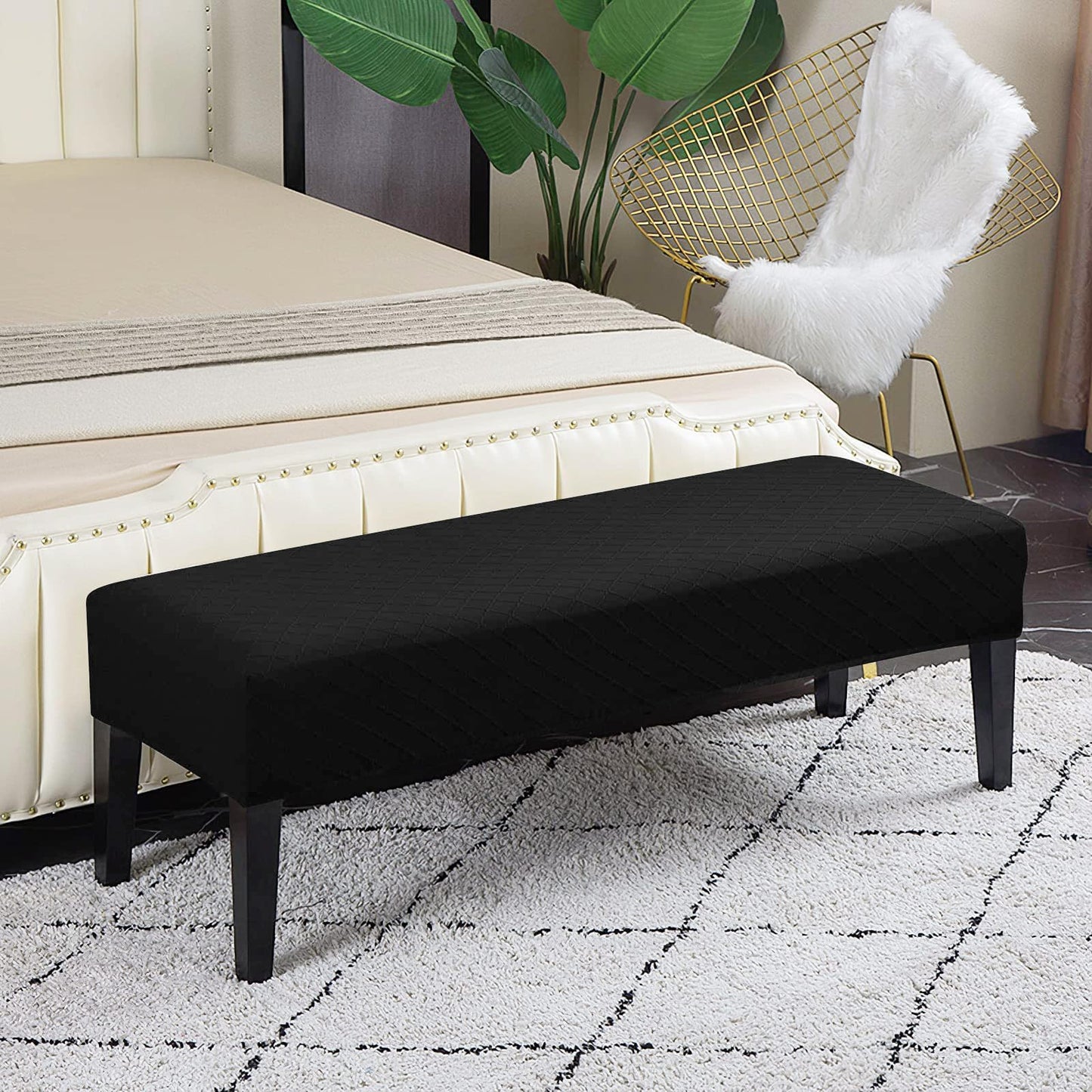 Lebaley Waterproof Stretch Bench Cover – Quilted Pattern, Elastic Rectangular Bench Seat Cover, Washable Bench Slipcover for Dining Room, Entryway & Kitchen (Black)
