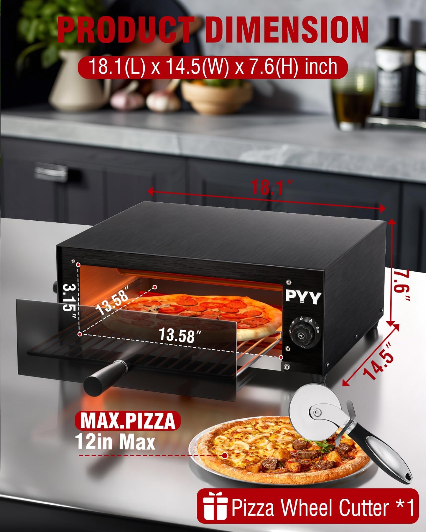 PYY Pizza Oven Electric - 12 Inch Tabletop Pizza Oven Indoor Stainless Steel Professional Pizza Cooker Baker Countertop with Timer & Crumb Tray for Home Restaurant 1100W,Black