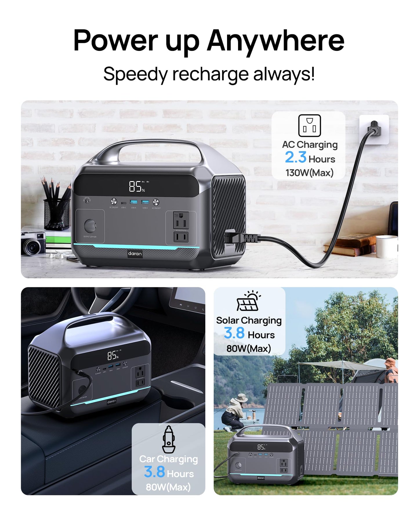 DaranEner Portable Power Station 600W with Bag, 288Wh (90,000mAh) LiFePO4 Battery Backup, 2×600W (1200W Surge) AC Outlets, 2.2H Fast Recharge, Solar Generator for Camping, RV, Travel, Home Emergency