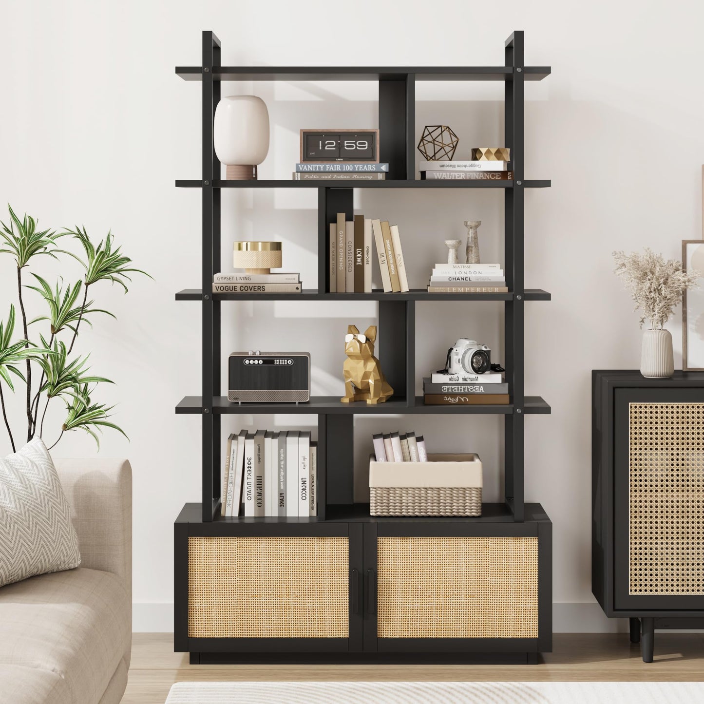 CABIHOME 5 Tier Rattan Bookshelf with Storage Cabinet & Door, 71.1 Inch Tall Industrial Book Shelf with Open Display Shelves, 5 Shelf Bookcase with Metal Frame for Living Room, Bedroom (Black)
