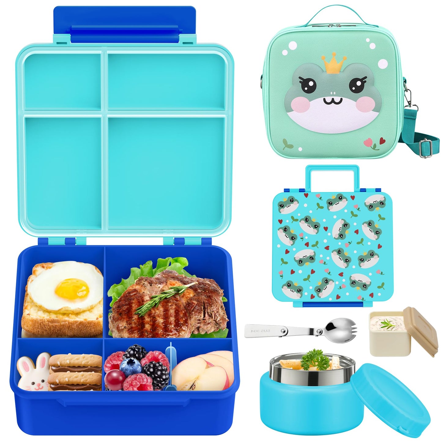 Bento Lunch Box Kids with 9oz Soup Thermo, Kids Leakproof Lunch Food Containers with 4 Compartment, Insulated Lunch Bag for Girls Boys to School Travel