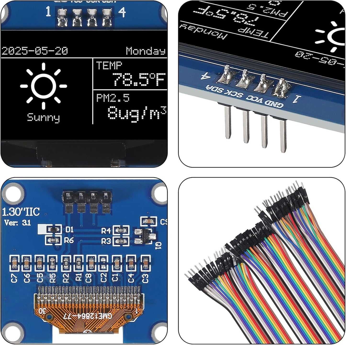 AITRIP 3PCS 1.3 Inch I2C 128x64 SH1106 IIC OLED Display Module Pixel Screen Module with Breadboard Jumper Wires M/F M/M