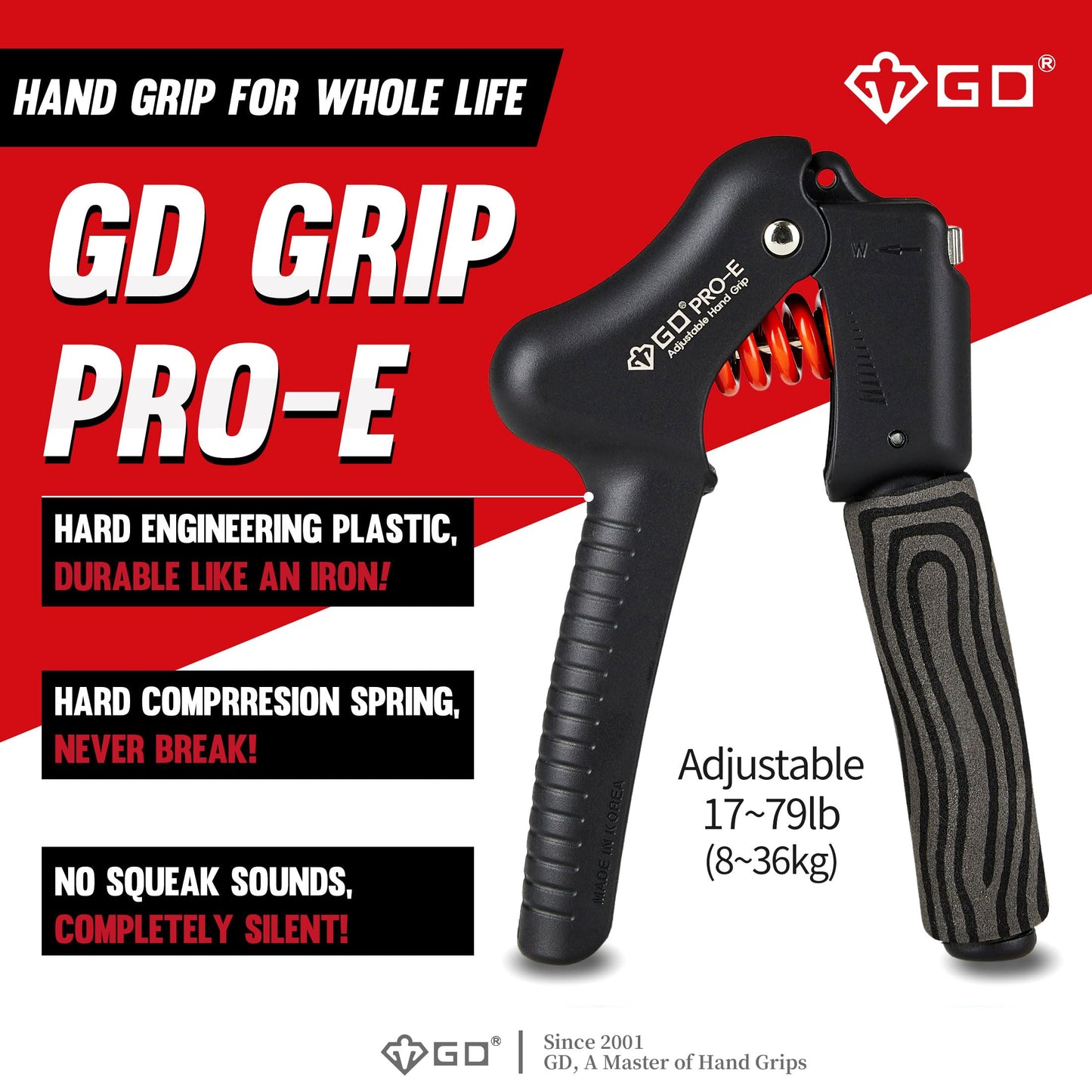 GD GRIP Pro-E, hand grip strengthener (Resistance : 17 to 79 lb) Hand Grip Hand Gripper Adjustable Hand Strengthener Wrist Strengthener Hand Workout