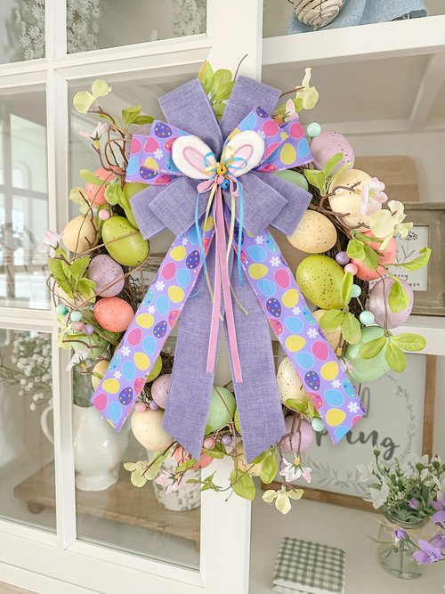 FinBurtip Easter Wreath Bows, Large Easter Rabbits Burlap Bows Holiday Bow Rabbits Bunny Bows for Wall Indoor Outdoor Decor (Purple)