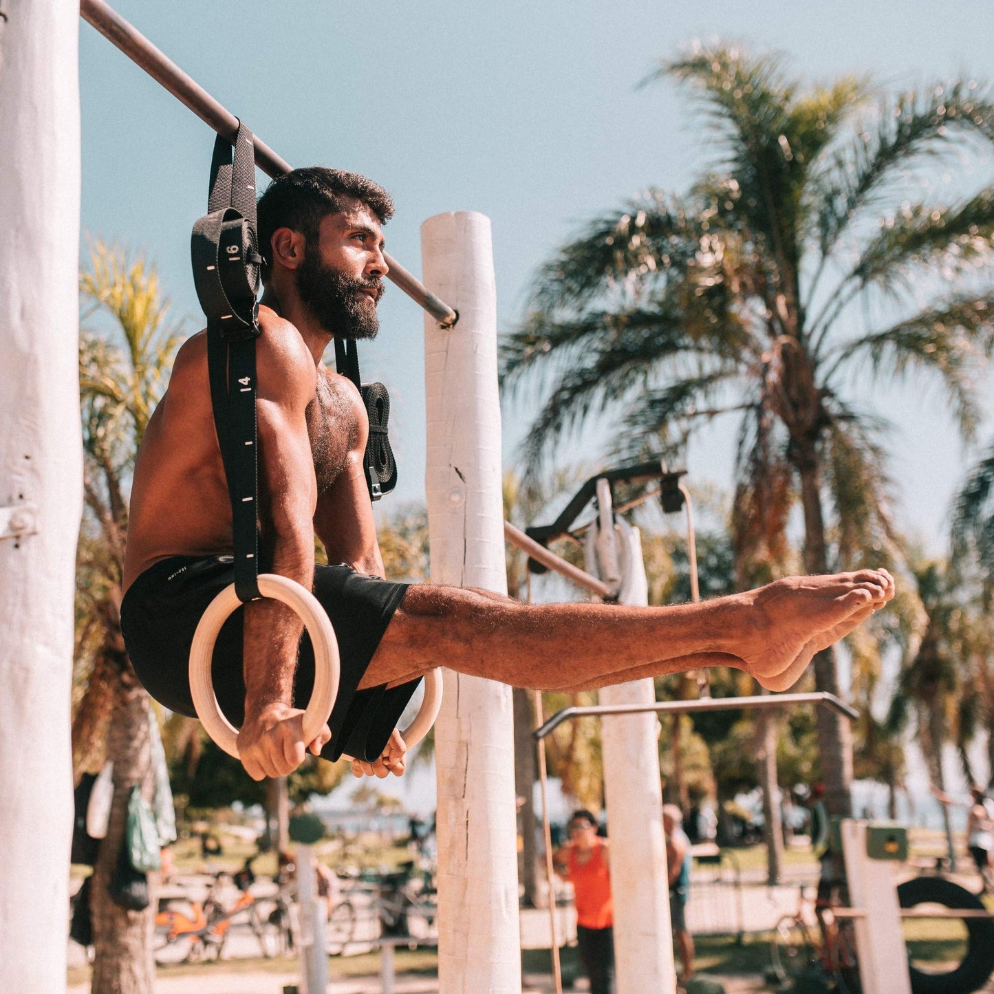PULLUP & DIP Premium Gymnastic Rings, Wooden Gym Rings for Calisthenics - Wide Straps with Length Markings + Door Anchor + Carry Bag + Exercise Guide, Calisthenics Rings