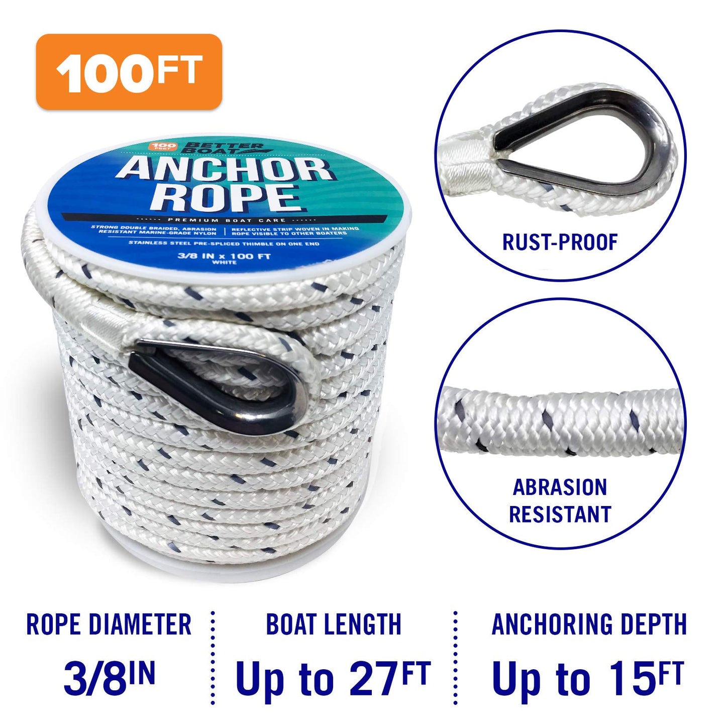 Better Boat Premium Anchor Rope, 100 Ft Double Braided White Nylon Marine Line, Reflective 3/8 Inch Reel for Anchors and Boats - White