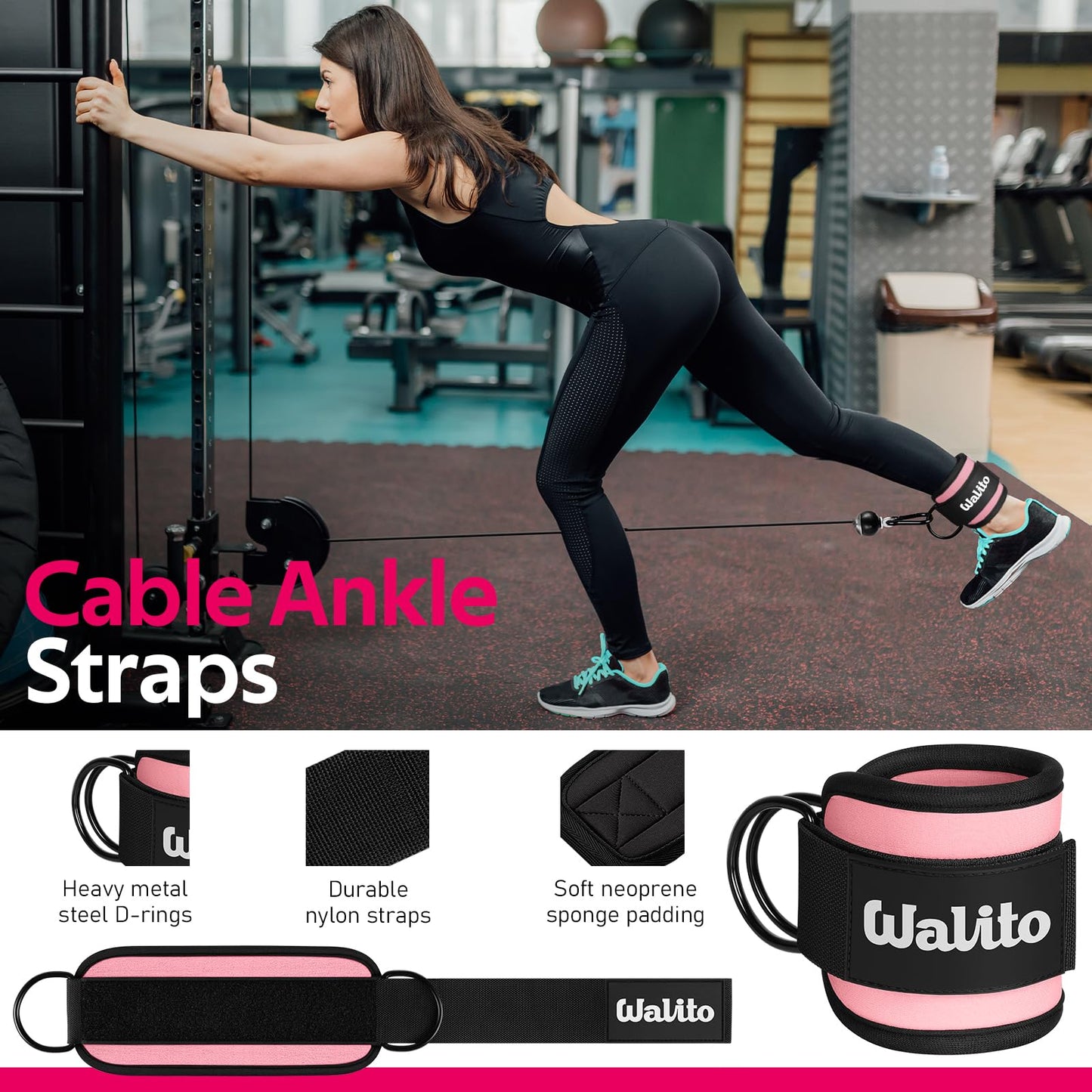 WALITO 8Pcs Barbell Pad Set for Hip Thrust - Squat Pad,Gym Accessories for Women with Bar Bad,Bench Press, with Gym Ankle Straps,Resistance Bands for Working Out,Lifting Strap,Carry Bag (1-Pink)