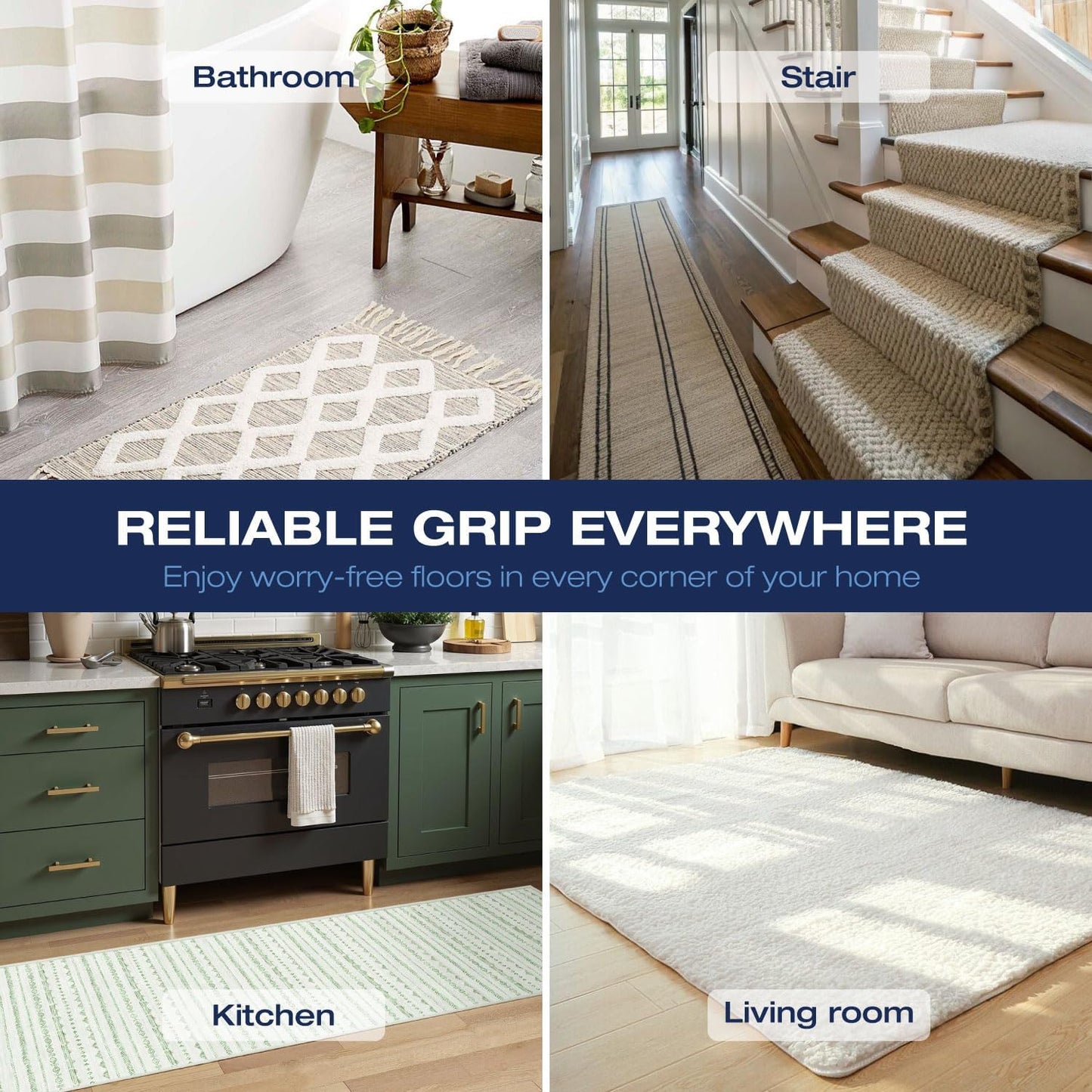 Reusable Rug Grippers - 12 Non-Slip Pads for Area Rugs | Double-Sided Adhesive Carpet Tape for Hardwood & Tile