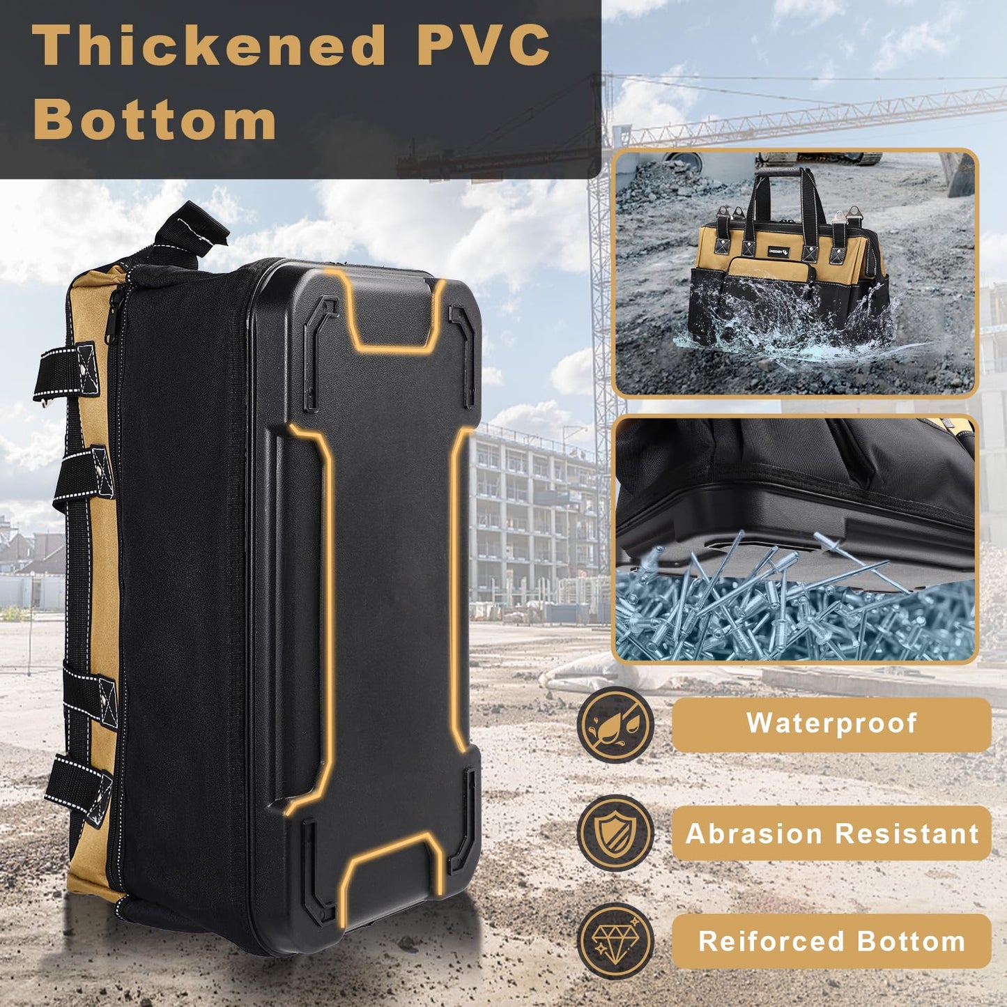 VSHXENG 17 IN Large Tool Bag For Men Heavy Duty, Drill Bag Tool Bag Organizer, Wide Mouth Waterproof Hard Bottom Multiple Pockets Tool Tote, Tool Caddy, Maintenance