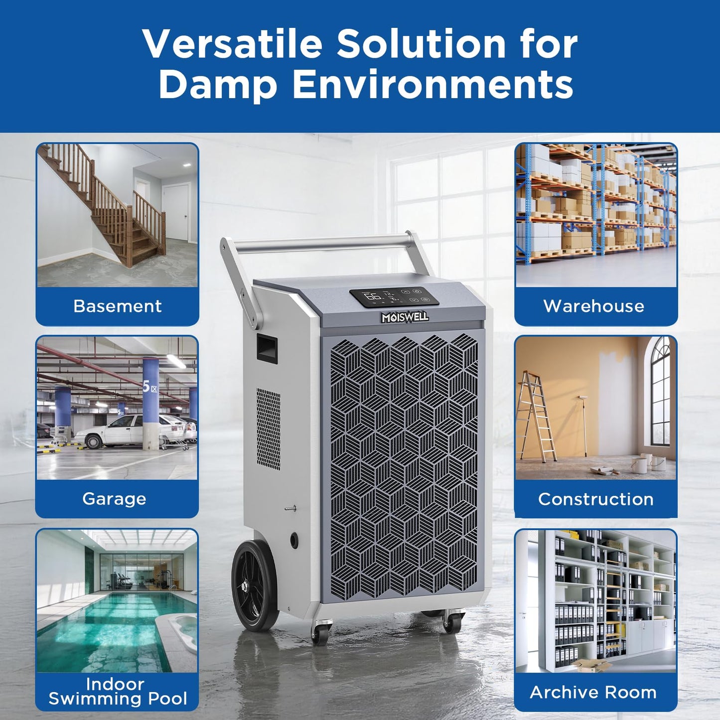 Moiswell 200 Pints Commercial Dehumidifier with Pump and Drain Hose for Basements, Heavy Duty Commercial Grade Dehumidifiers for Large Spaces, Warehouse, Industry Water Damage Unit, Auto Defrost