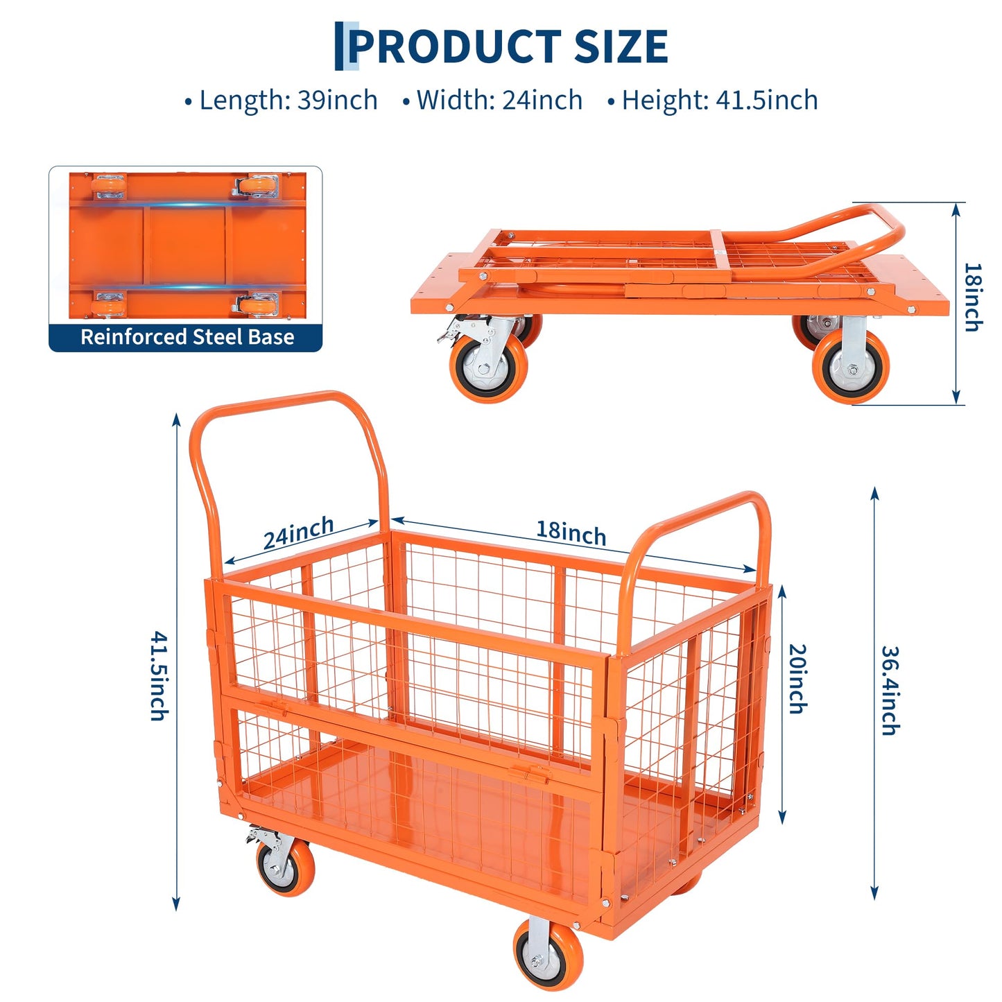 6-in-1 Folding Flatbed Dolly, 1800lbs Heavy Duty Platform Cart with Removable Mesh Sides, Orange Red Lockable Swivel Casters, Smooth Rolling for Hardwood Carpet, Easy Assembly for Garage Warehouse