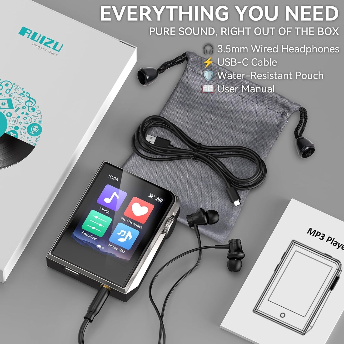 RUIZU 64GB MP3 2" 128GB HiFi Lossless Player, DAC DSD High Resolution Digital Audio Player, Portable Hi-Res Music