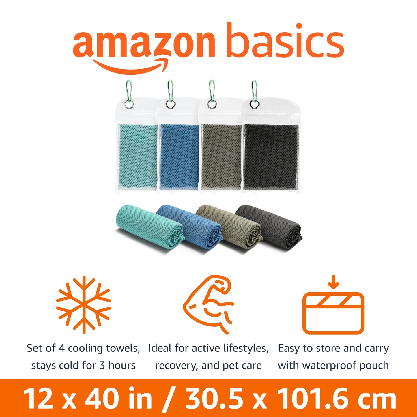 Amazon Basics Cooling Towels for Neck and Face, Sports, Workout Recovery, 40" x 12", Black/Gray/Aqua/Navy, 4-Pack