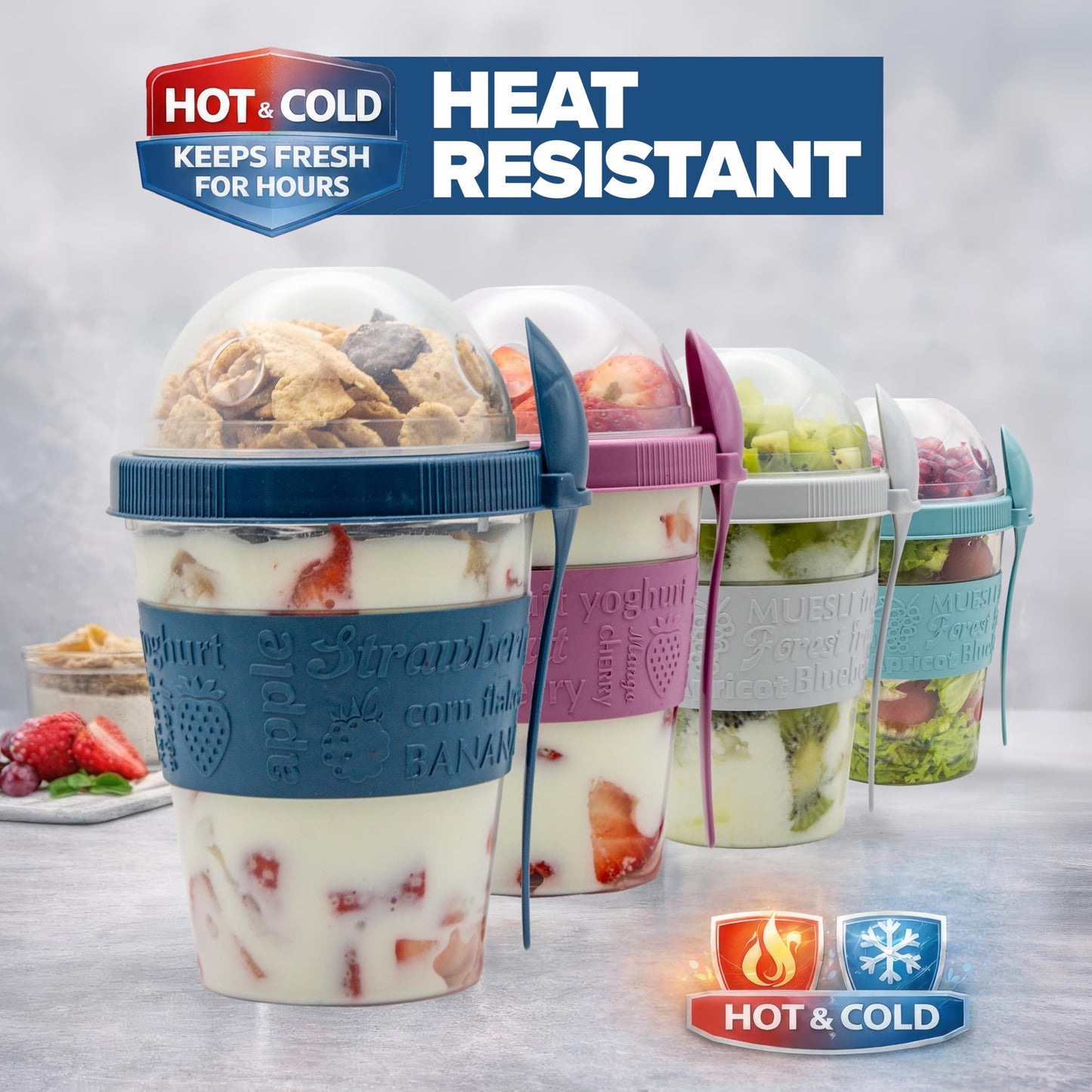 SECEL 4 Pcs Yogurt Parfait Cups Breakfast On The Go Reusable Plastic Containers With Lids And Spoons Take And Go Yogurt Cup With Topping Cereal Or Oatmeal Leak-proof Colorful Bowls