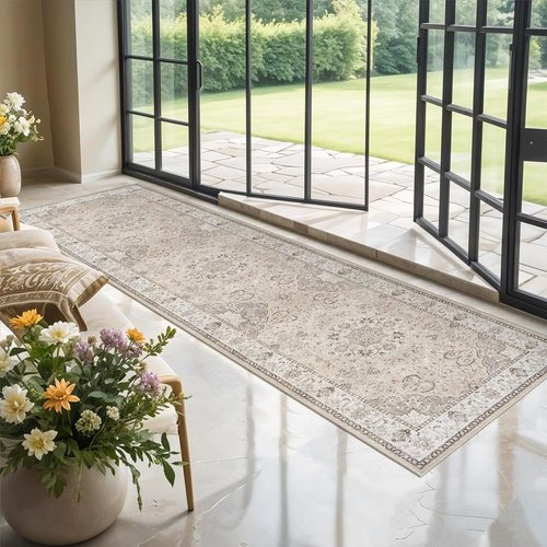 Hallway Washable Runner Rug - Vintage Soft Non-Slip Indoor Carpet for Kitchen & Entryway | 3x10 Beige