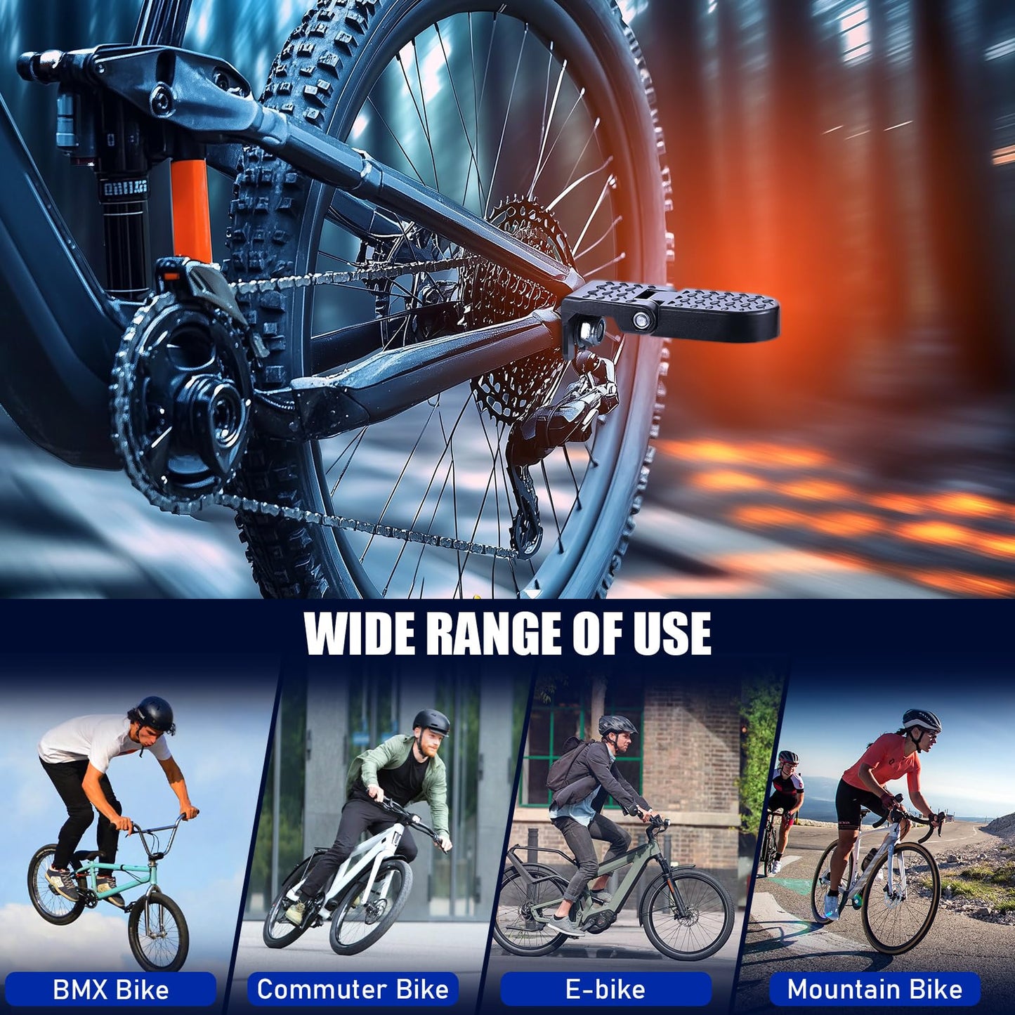 TOBWOLF 2PCS E-Bike U Slot Rear Pedals, 15MM Aluminium Bicycle Foot Peg, Non-Slip Ebike Foot Pegs for Passenger, Folding Rear Bicycle Footrest Pedals for E-Bike, Mountain Bike, Folding Bicycle