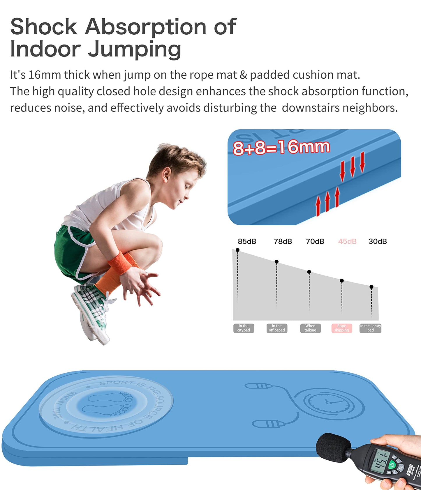 LERYG Jump Rope Mat Shockproof Exercise Skipping Mat All-Purpose Extra Thick High Density Anti-Tear Exercise Yoga Mat, Non Slip for Indoor and Outdoor in Light Blue