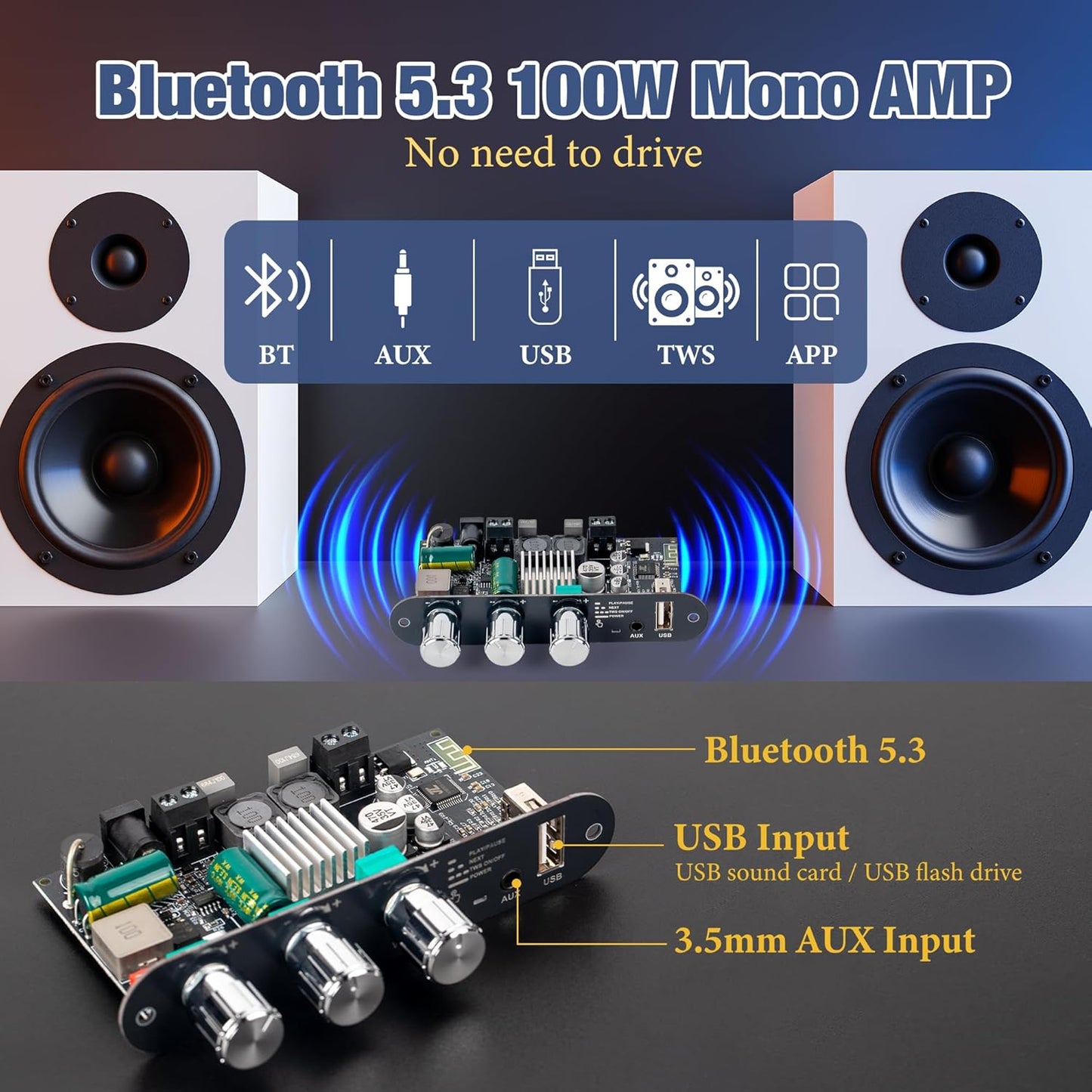 Qoroos 1PC ZK-1001U 100W 9-24V, Mono Amplifier Board with TWS, Mini Audio Amp with Boost Power Output, Vehicle