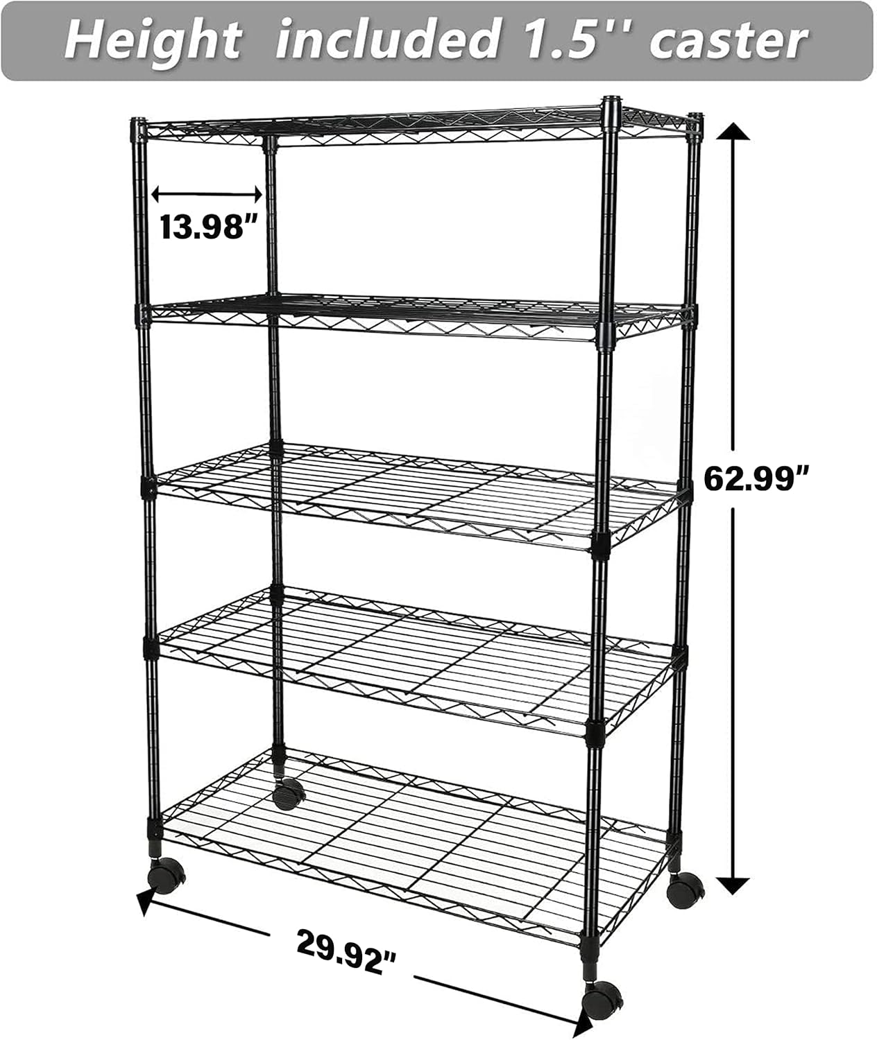 Simple Deluxe Heavy Duty 5-Shelf Storage Unit - 1250lbs Capacity | 29.92" D x 13.98" W x 61.09" H, Black