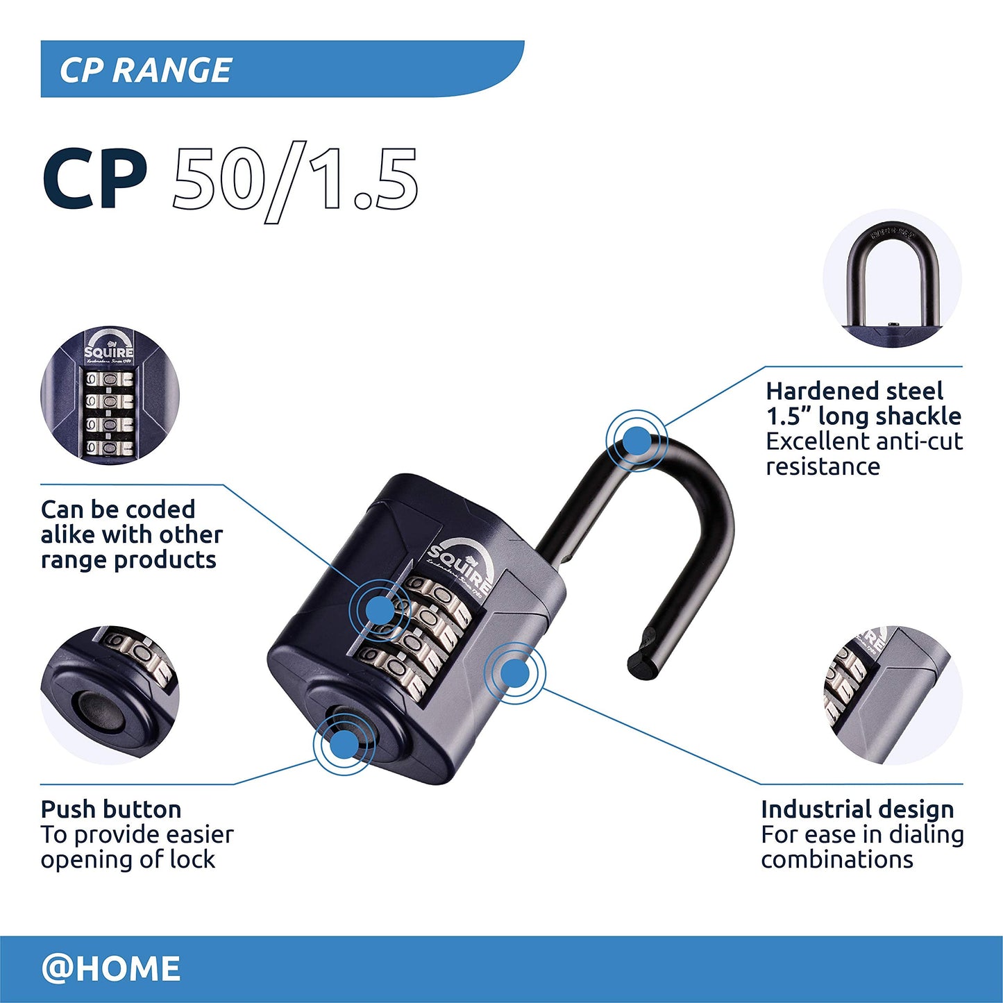 Squire Combination Padlock. Weatherproof Hardened Steel Shackle Recodable Padlock. (4 Wheel - 50mm Long Shackle (1.5"))